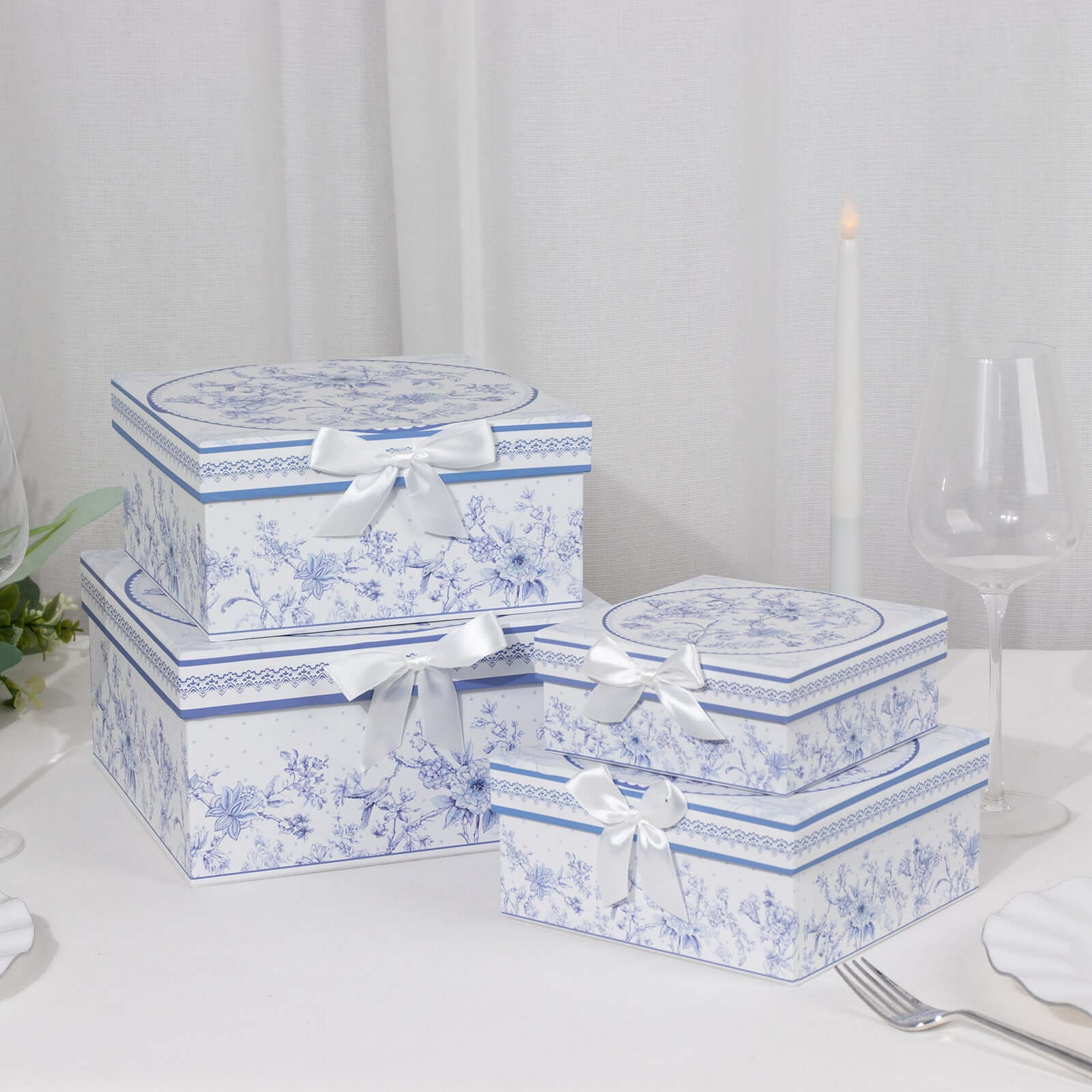 Set of 4 Cardstock Round Nesting Gift Boxes White Blue French Toile Design - Decorative Heavy Duty Stackable Keepsake Boxes With Lids for Presents Storage & Pedestal Stand 5,7,8,9