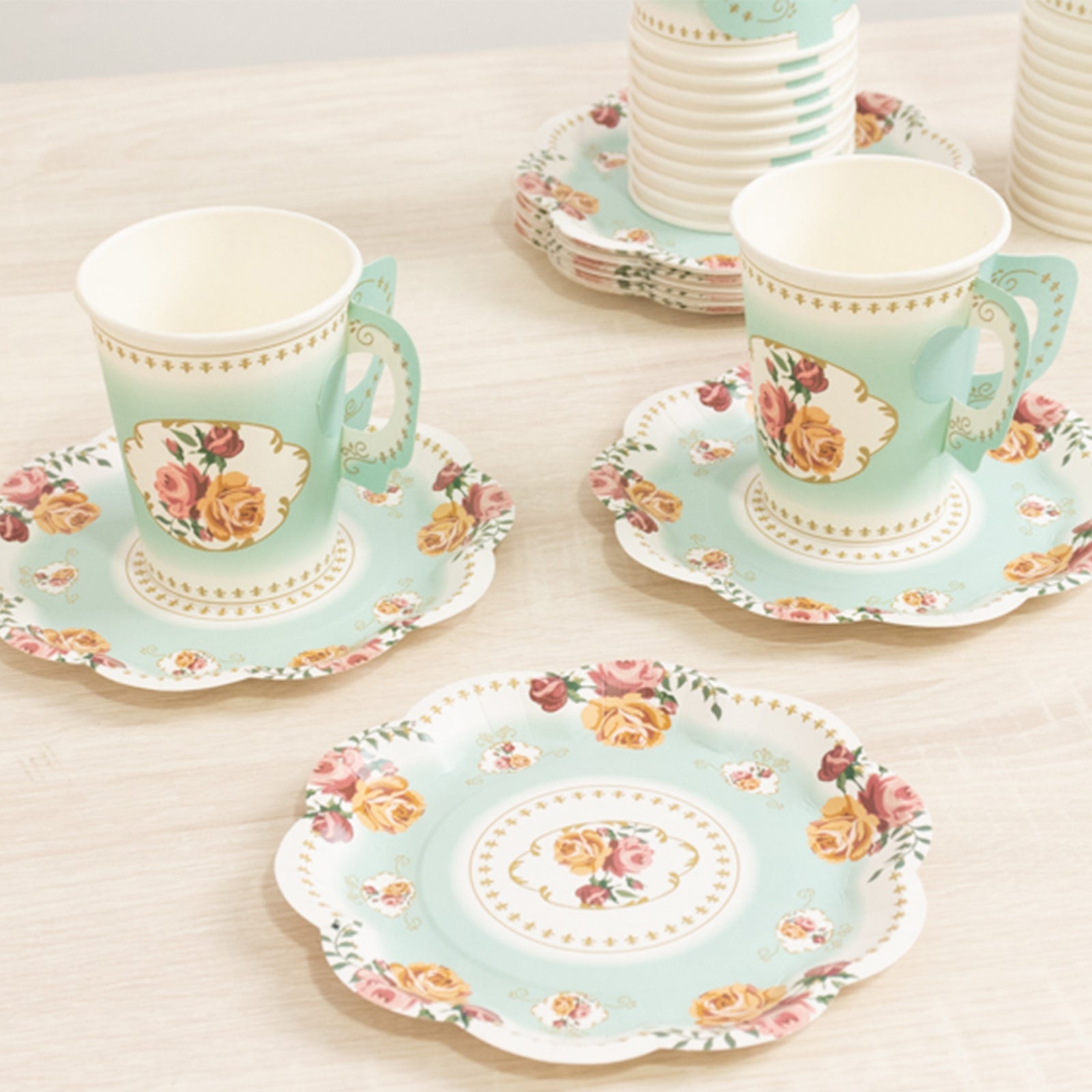 Set of 25 Paper Cups and Saucers in Turquoise with Rose Floral Print - Vintage Inspired Disposable Tea Party Decorations