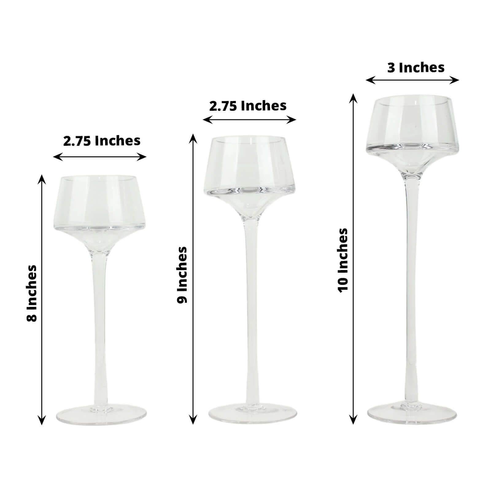 Set of 3 Glass Pedestal Vases Long Stem Clear - Tall Disc Candle Holders for Floral Centerpieces 8, 9, 10