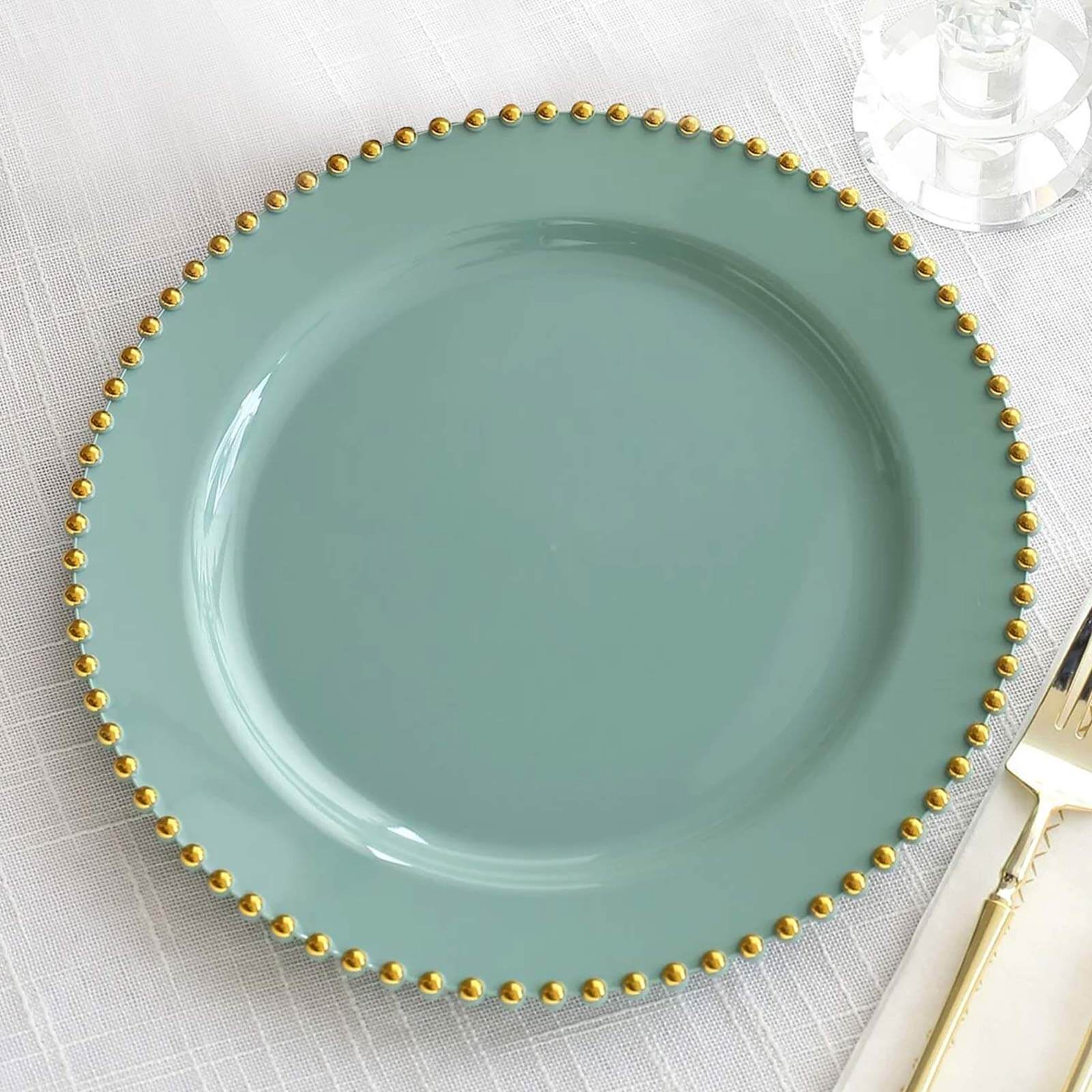10-Pack Plastic 10 Round Dinner Plates in Dusty Sage Green with Gold Beaded Rim - Disposable Party Plates