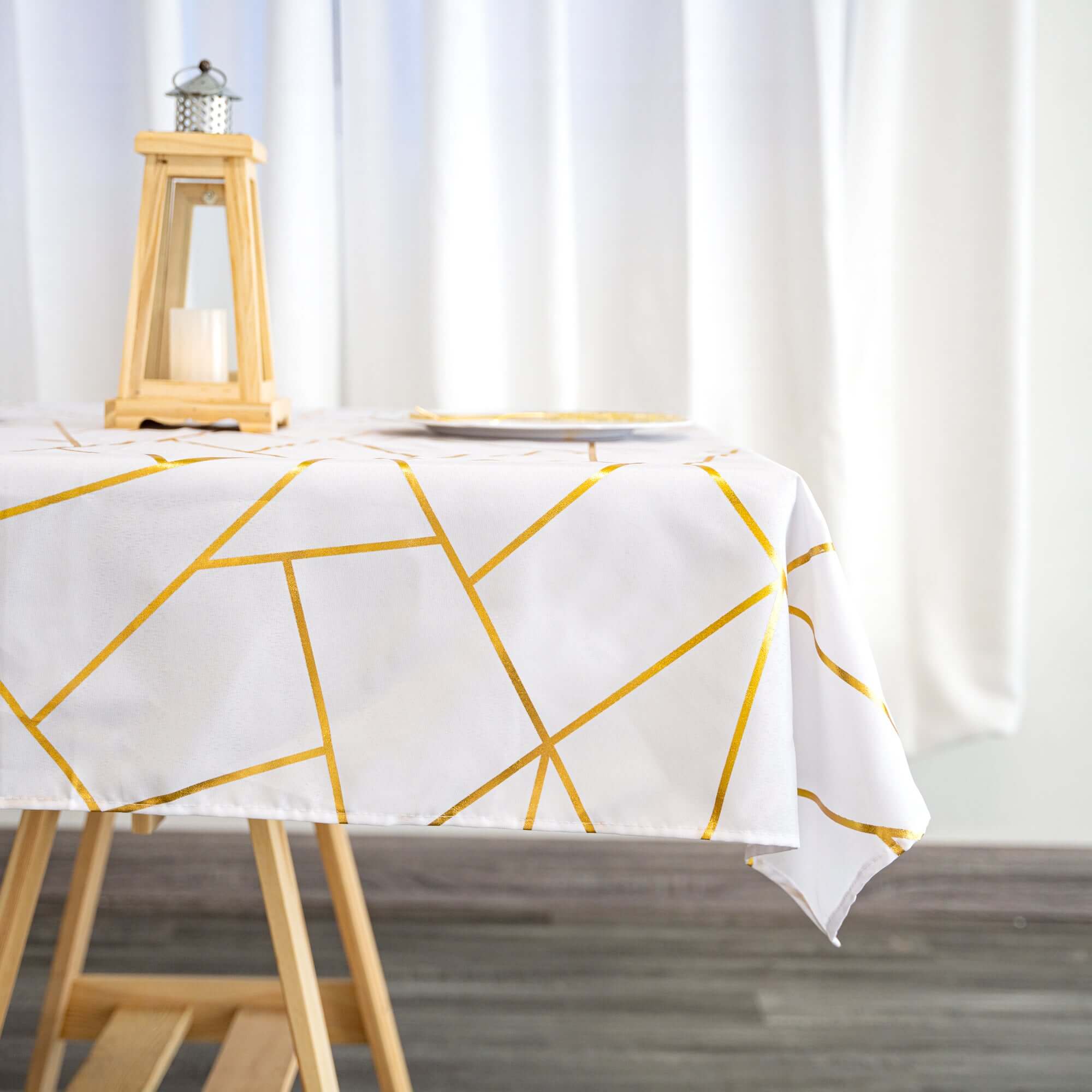 Polyester 54x54 Table Overlay Square Tablecloth White with Gold Foil Geometric Pattern - Wrinkle-Resistant & Durable for Stylish Settings