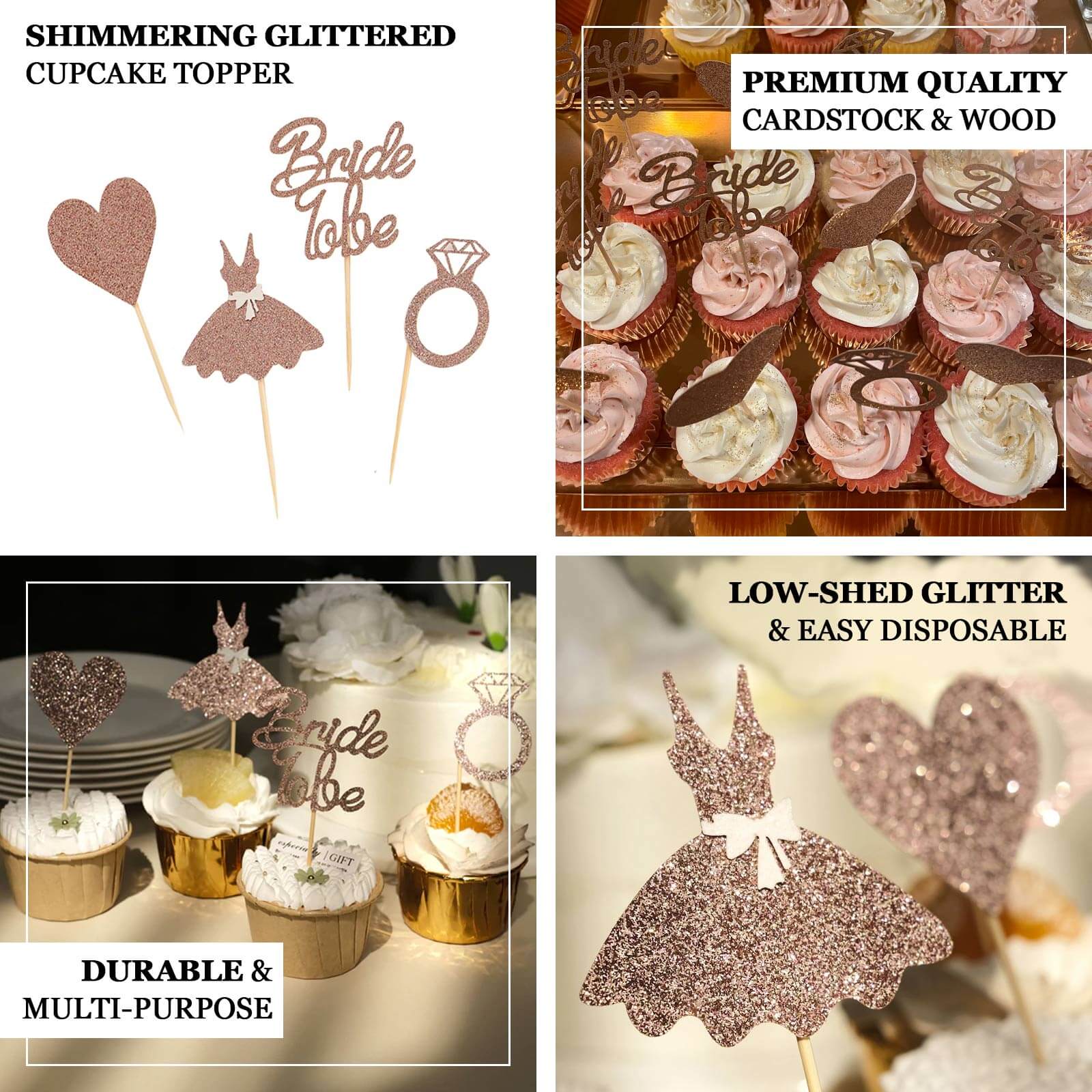 24-Pack Cupcake Topper Picks Bridal Shower Design Rose Gold Glitter - Wedding Cake Decoration Supplies Assorted Styles