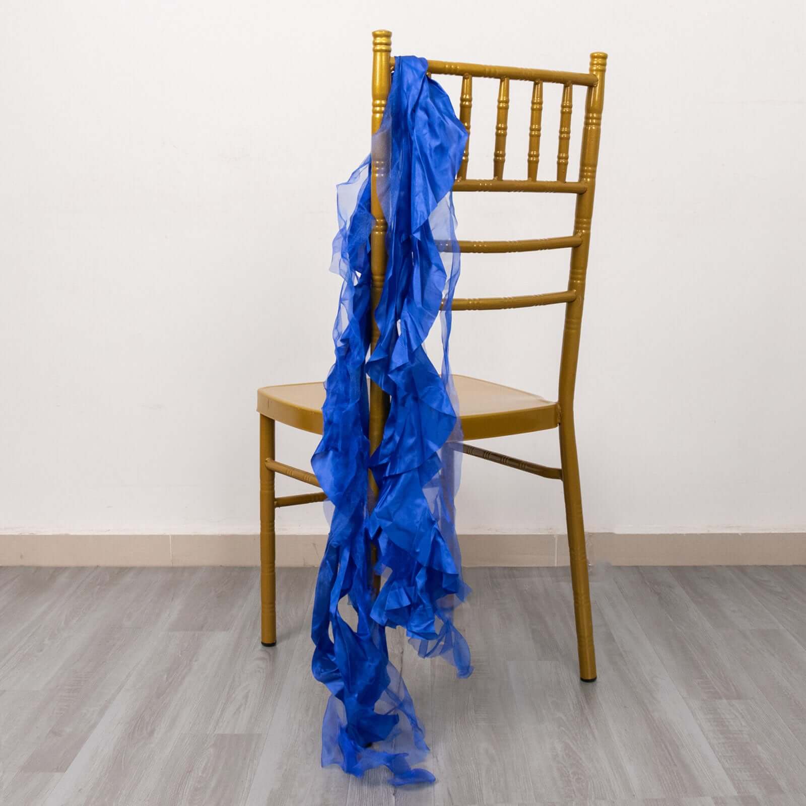 5 Pack Chiffon Satin Chair Sashes Royal Blue - Easy to Install Ruffled Curly Willow