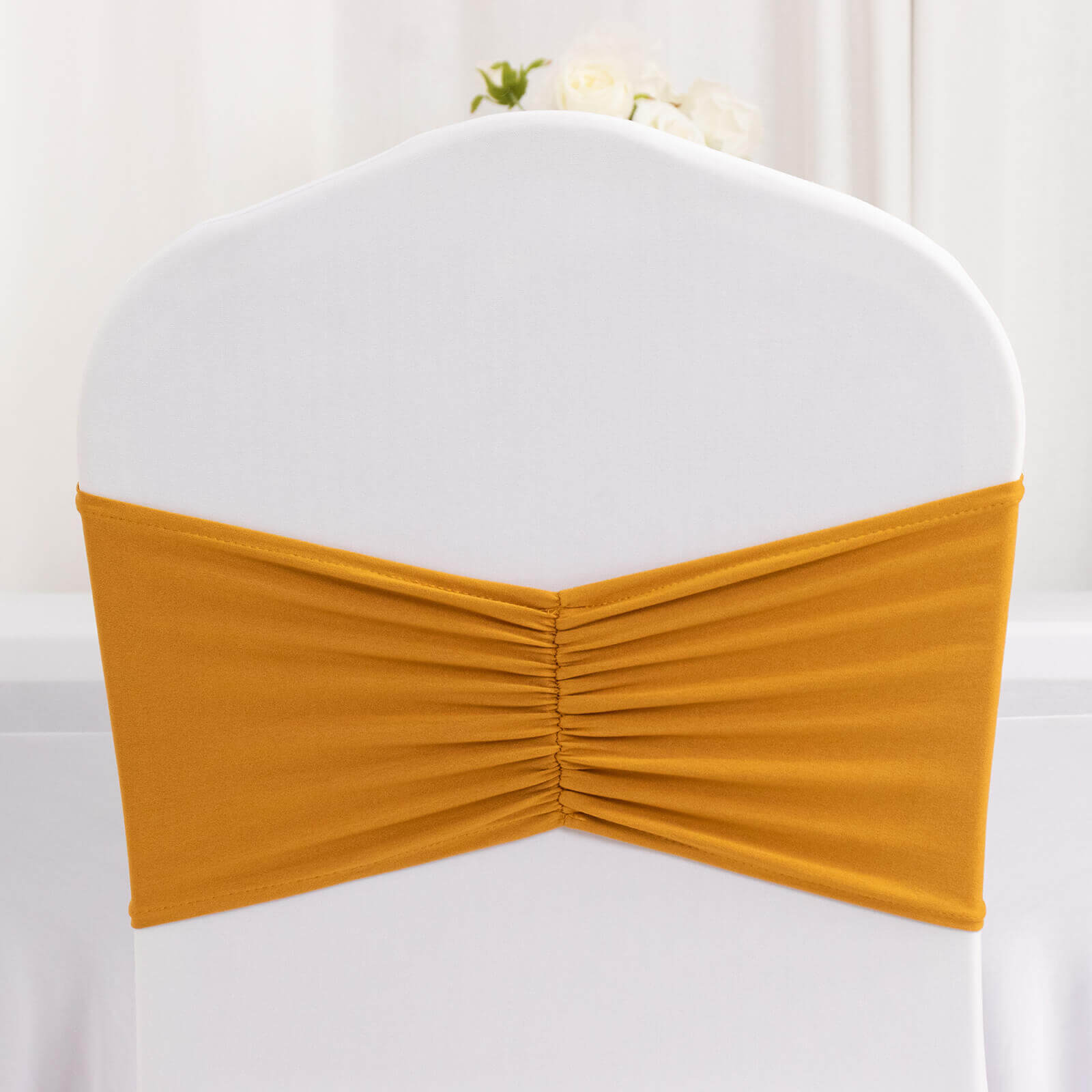 5 Pack Spandex Chair Sashes Gold Ruffled Style - Wide Easy to Use Stretch Chair Bands for Classy Wedding and Event Decor 8x13