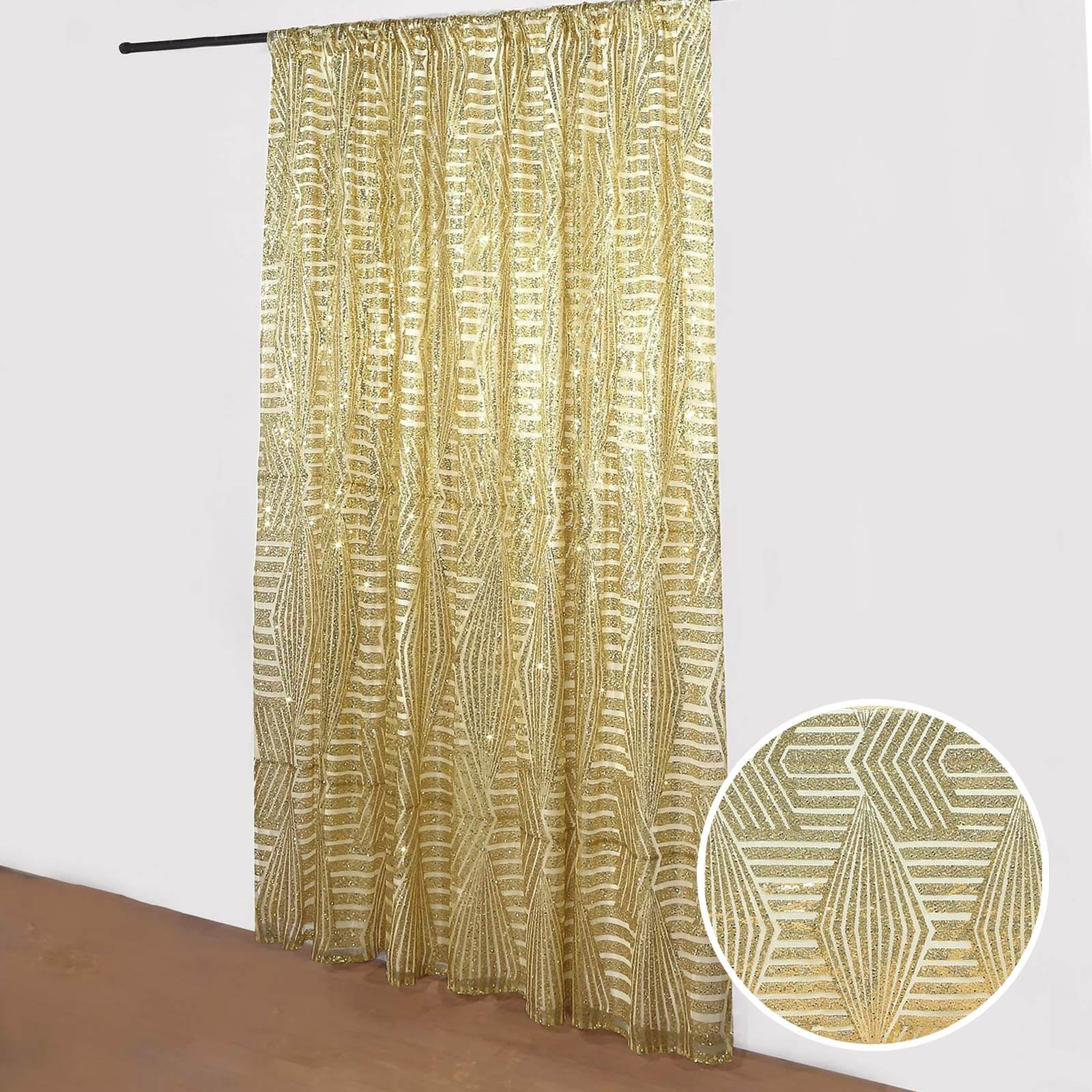 8ftx8ft Gold Geometric Sequin Event Curtain Drapes with Satin Backing, Seamless Opaque Sparkly Backdrop Event Panel in Diamond Glitz Pattern