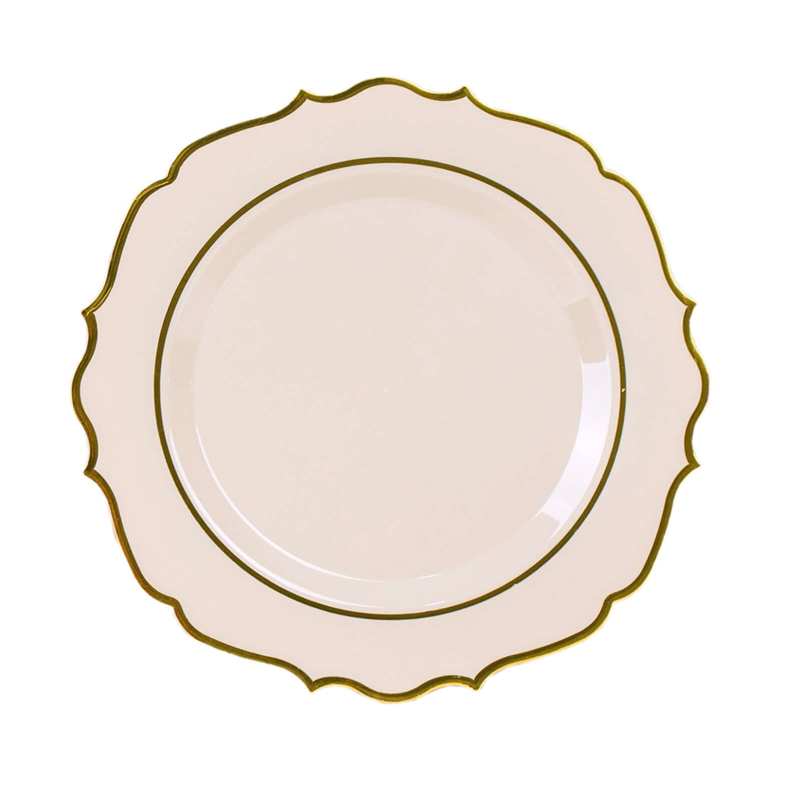 10-Pack Plastic 8 Round Desert Plates in Taupe with Gold Scalloped Rim - Disposable Appetizer/Salad Plates