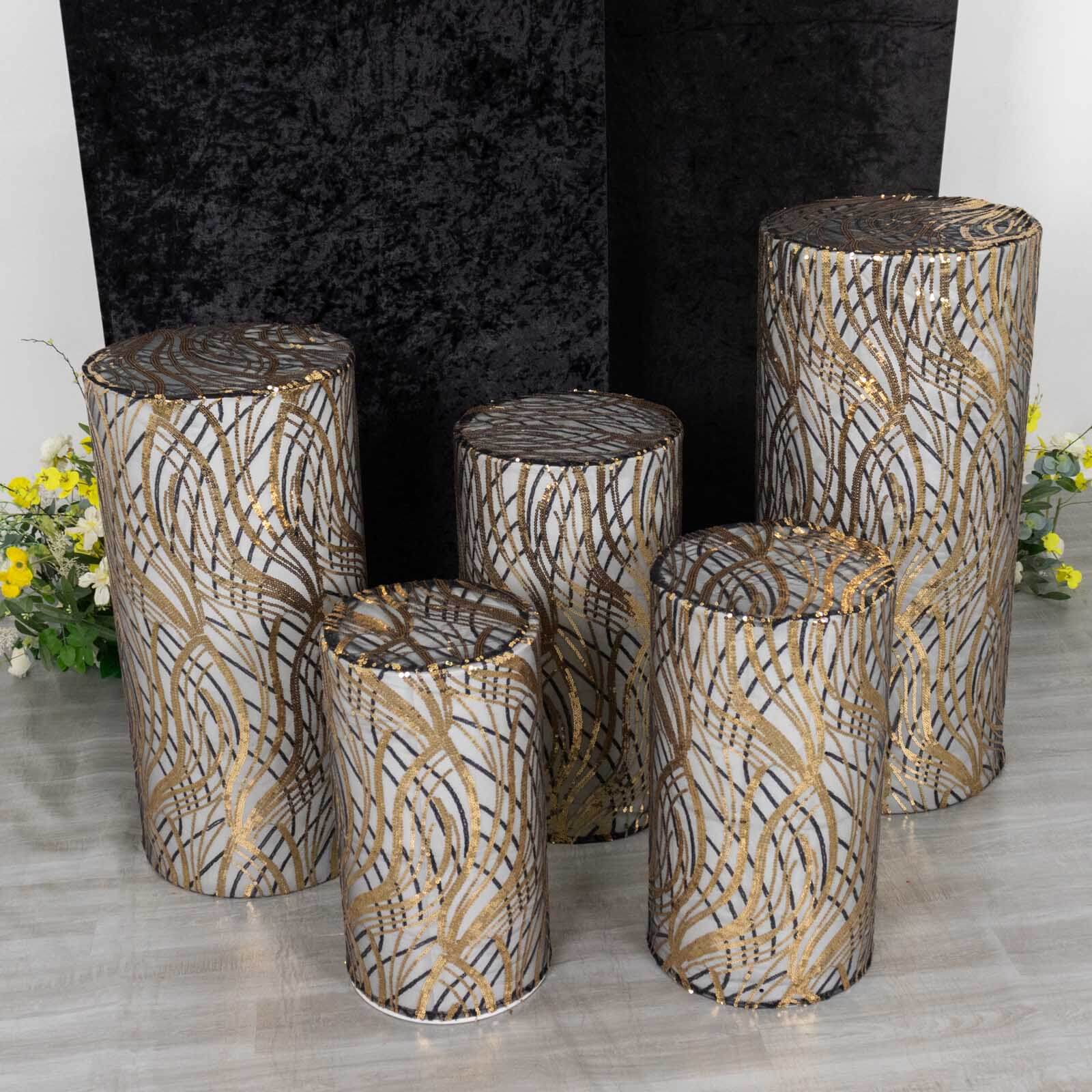 Set of 5 Black Wave Mesh Cylinder Pedestal Stand Covers with Embroidered Sequins, Pillar Prop Covers - 160 GSM