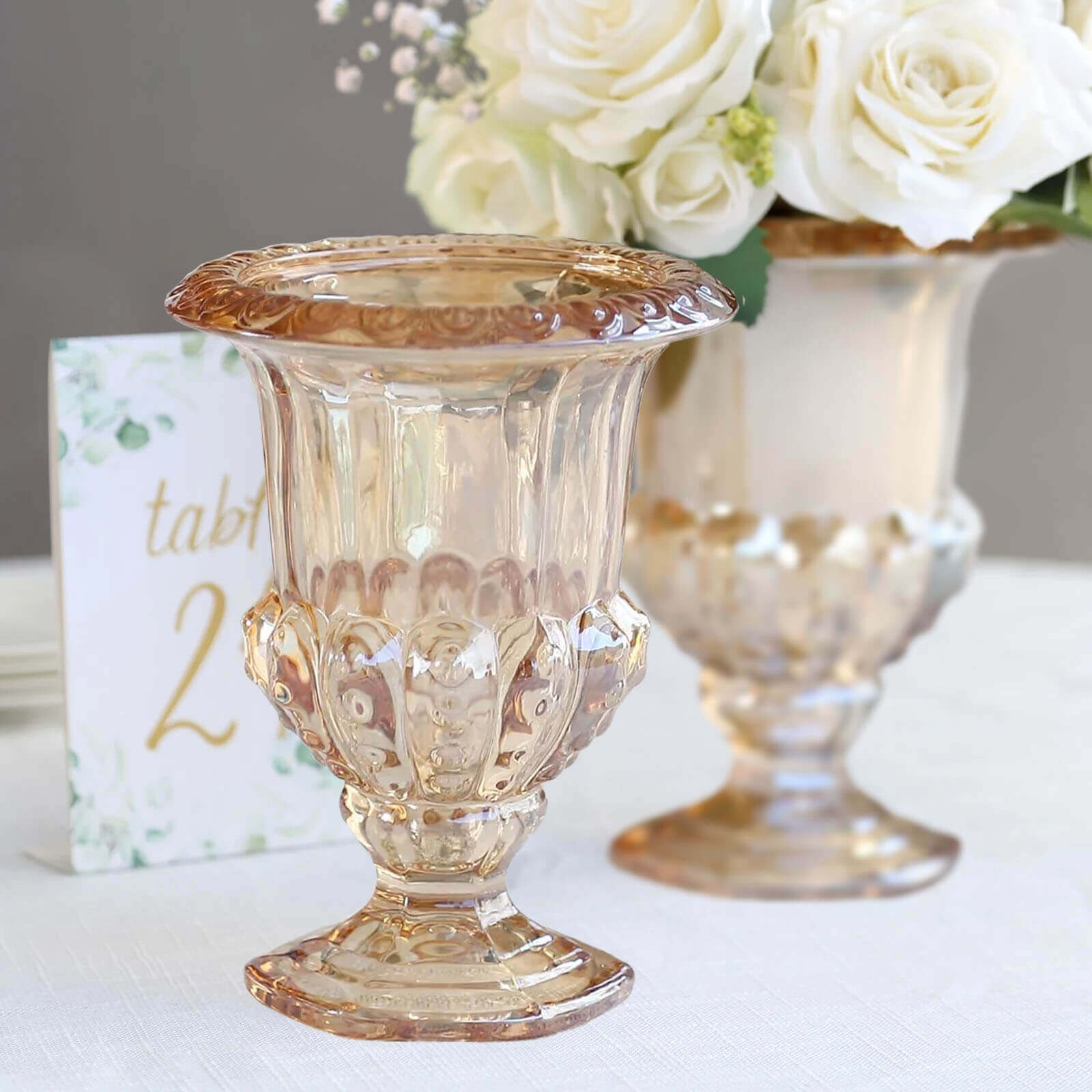 2-Pack Glass Mini Pedestal Flower Vases in Classic Roman Urn Style Amber Gold - Sophisticated Wedding Table Centerpieces 8