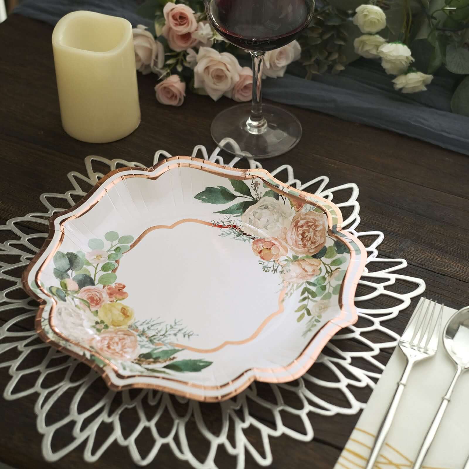 25-Pack Paper 10 Dinner Plates in White with Floral Print & Rose Gold Scallop Rim - Disposable 300GSM Party Plates