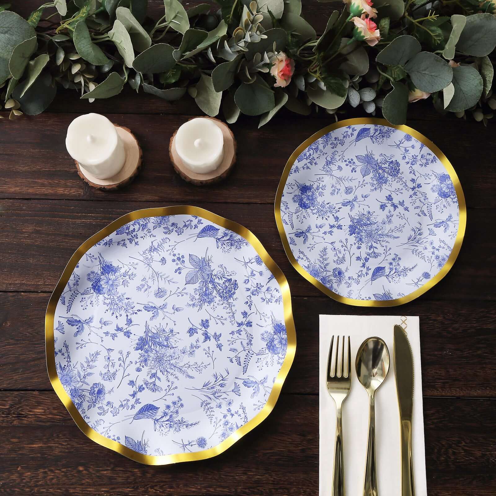 25-Pack Paper Round Dessert Plates 8 in White with Blue French Toile Pattern & Gold Wavy Rim - Disposable 350GSM Salad Plates