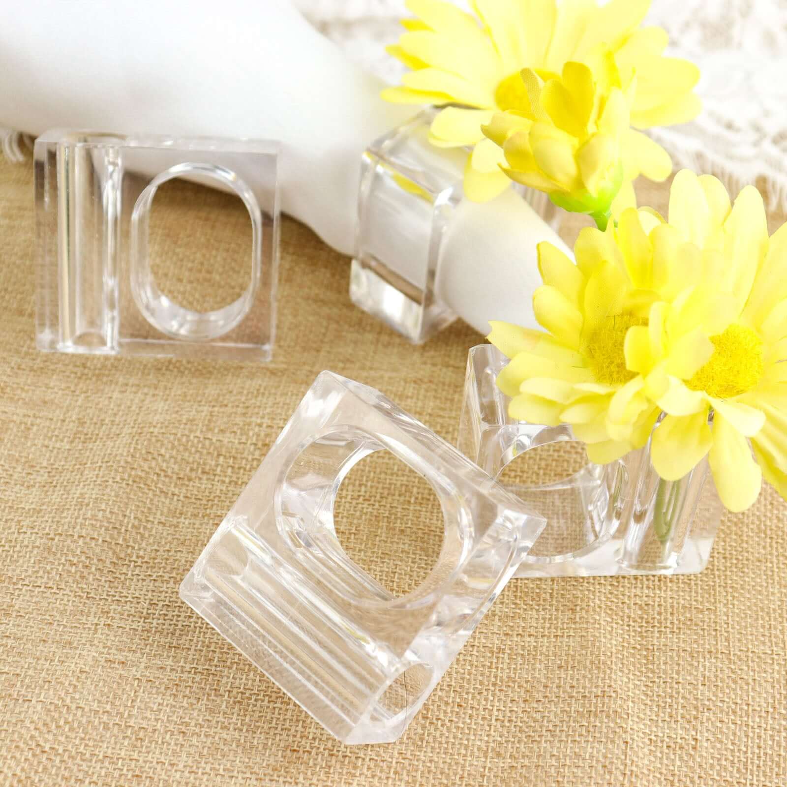 4-Pack Acrylic Napkin Rings 2-in-1 Square Mini Bud Vase Clear - Decorative Flower Napkin Holders for Table Settings