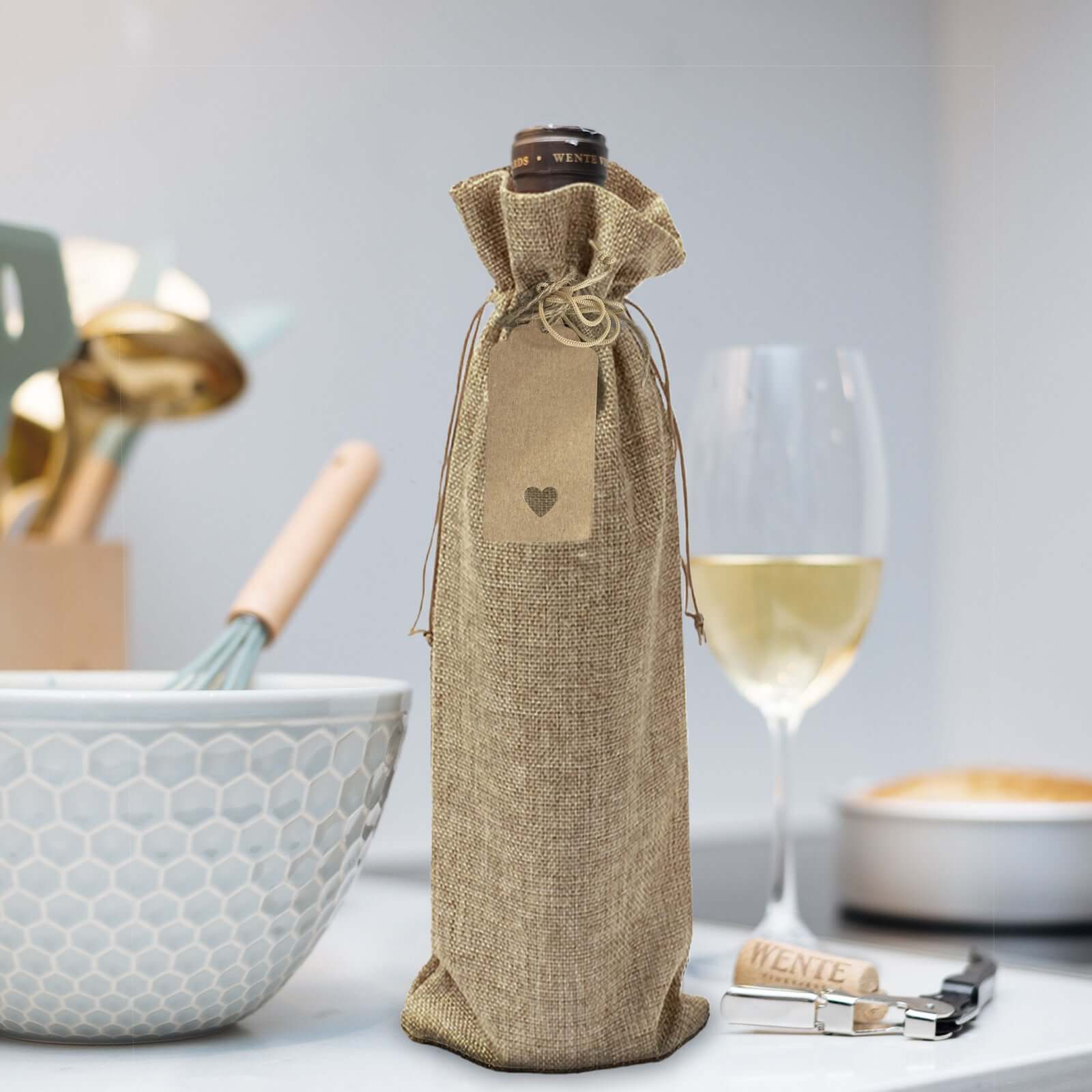 10 Pack Natural Faux Burlap 6x14 Reusable Wine Gift Favor Bags Party, Wedding Wine Bottle Covers With Drawstring, Tags and Jute Rope