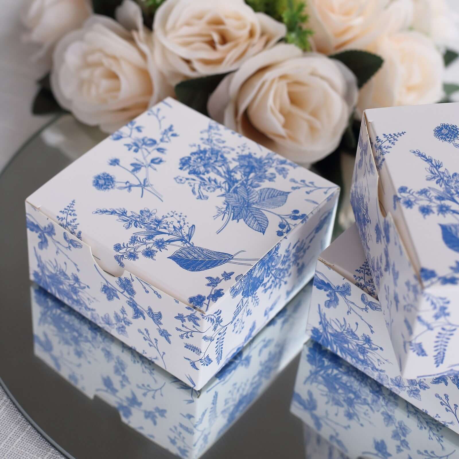 25 Pack White Blue Paper Favor Boxes in French Toile Pattern, Cardstock Party Shower Candy Gift Boxes - 4x4x2