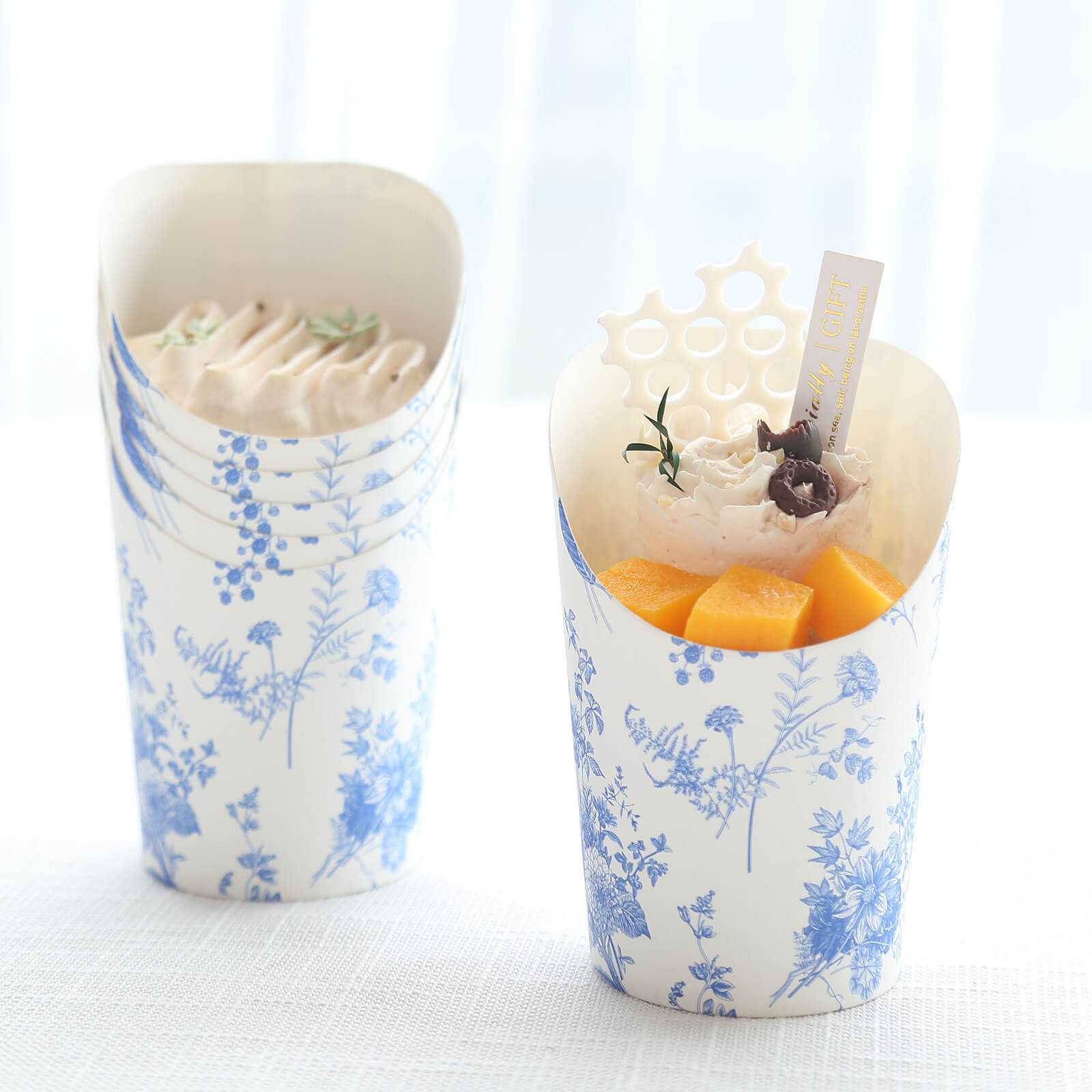 50-Pack Paper Popcorn Box Cone Cups French Toile Floral Pattern White Blue - Perfect for Snacks 14oz