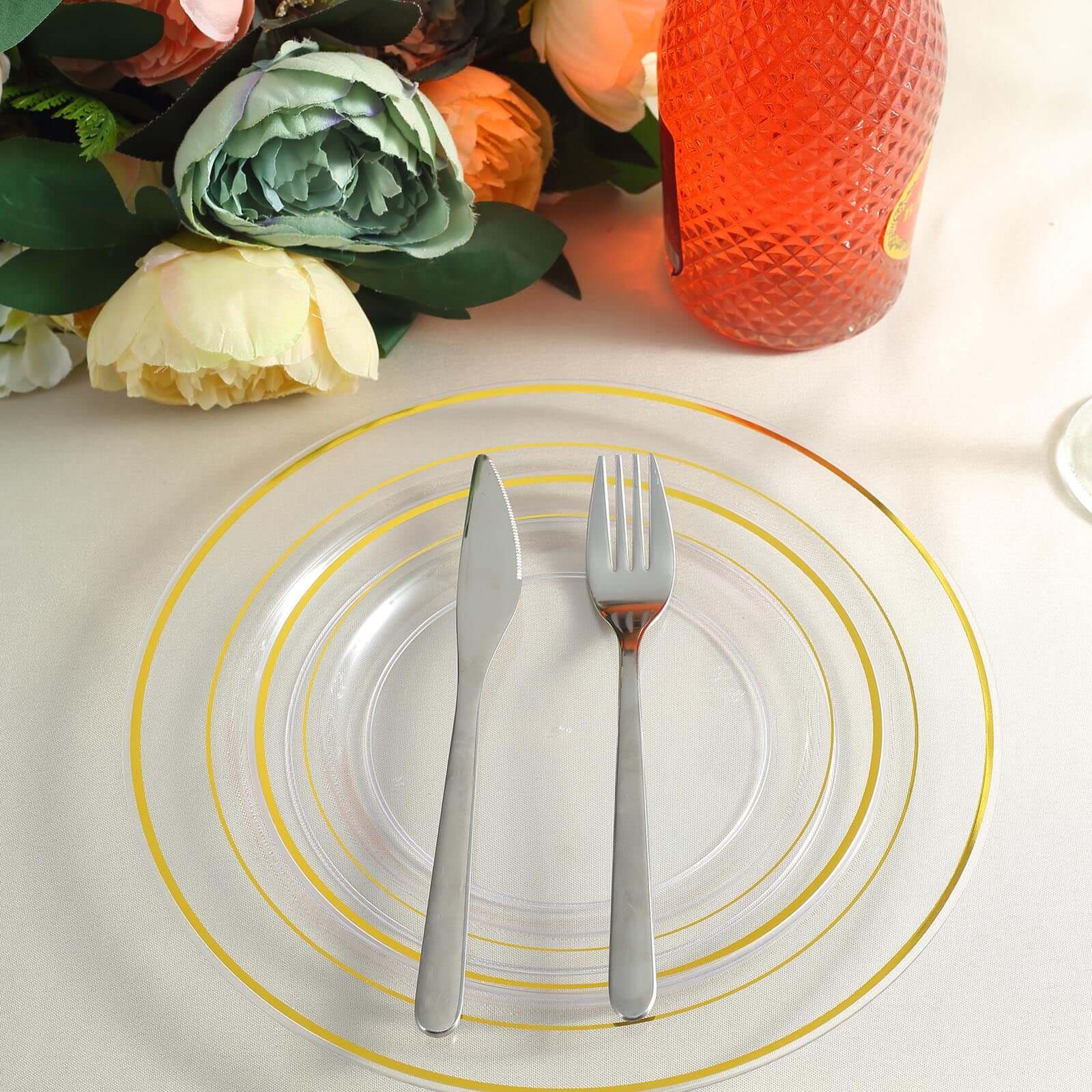 10-Pack Plastic Dinner Plates Clear with Très Chic Gold Rim - Perfect Disposable Party Plates 10