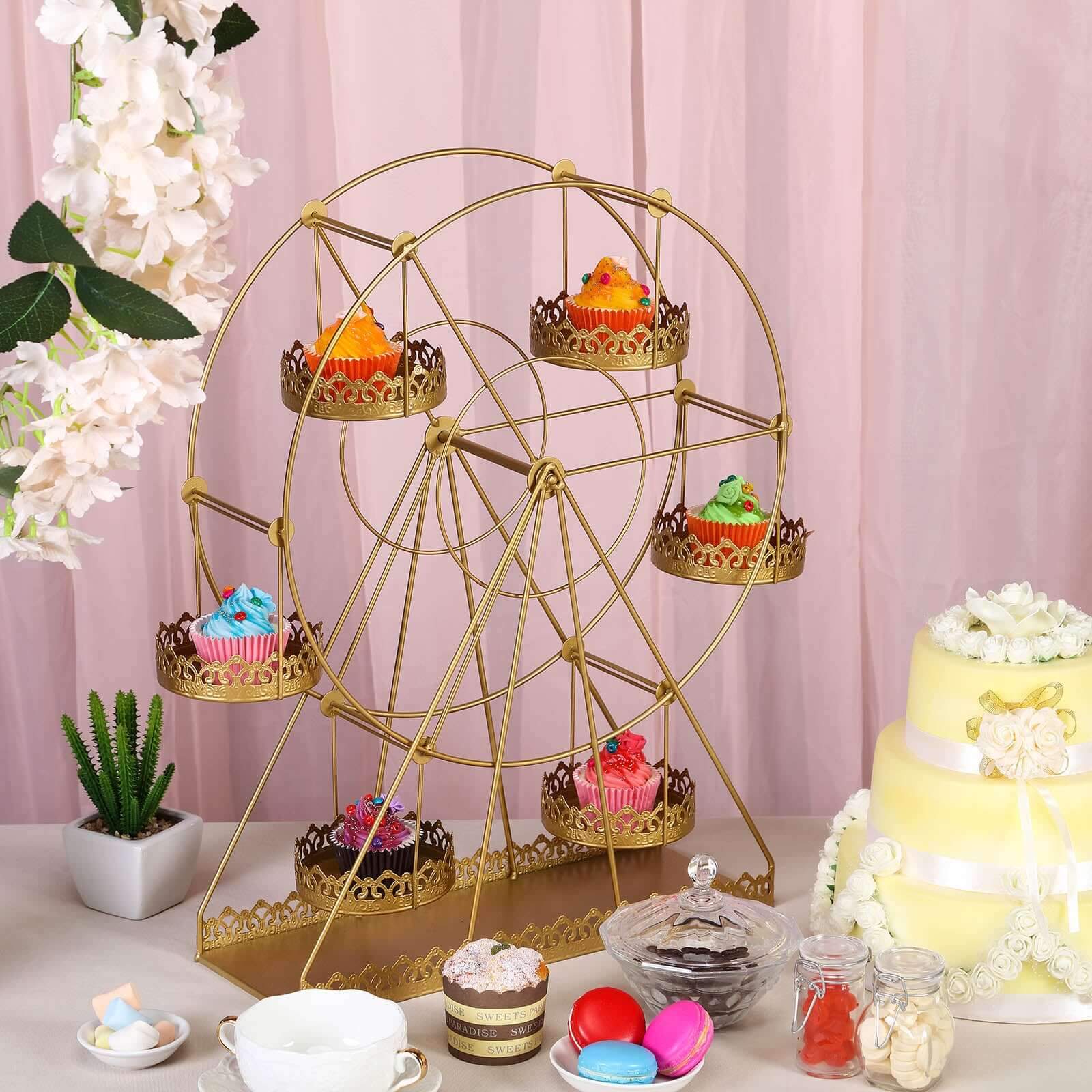 Metal Ferris Wheel Cupcake Holder Gold - Large Decorative Rotating Dessert Display Stand for Carnival-Themed Events Baby Showers & Weddings 23