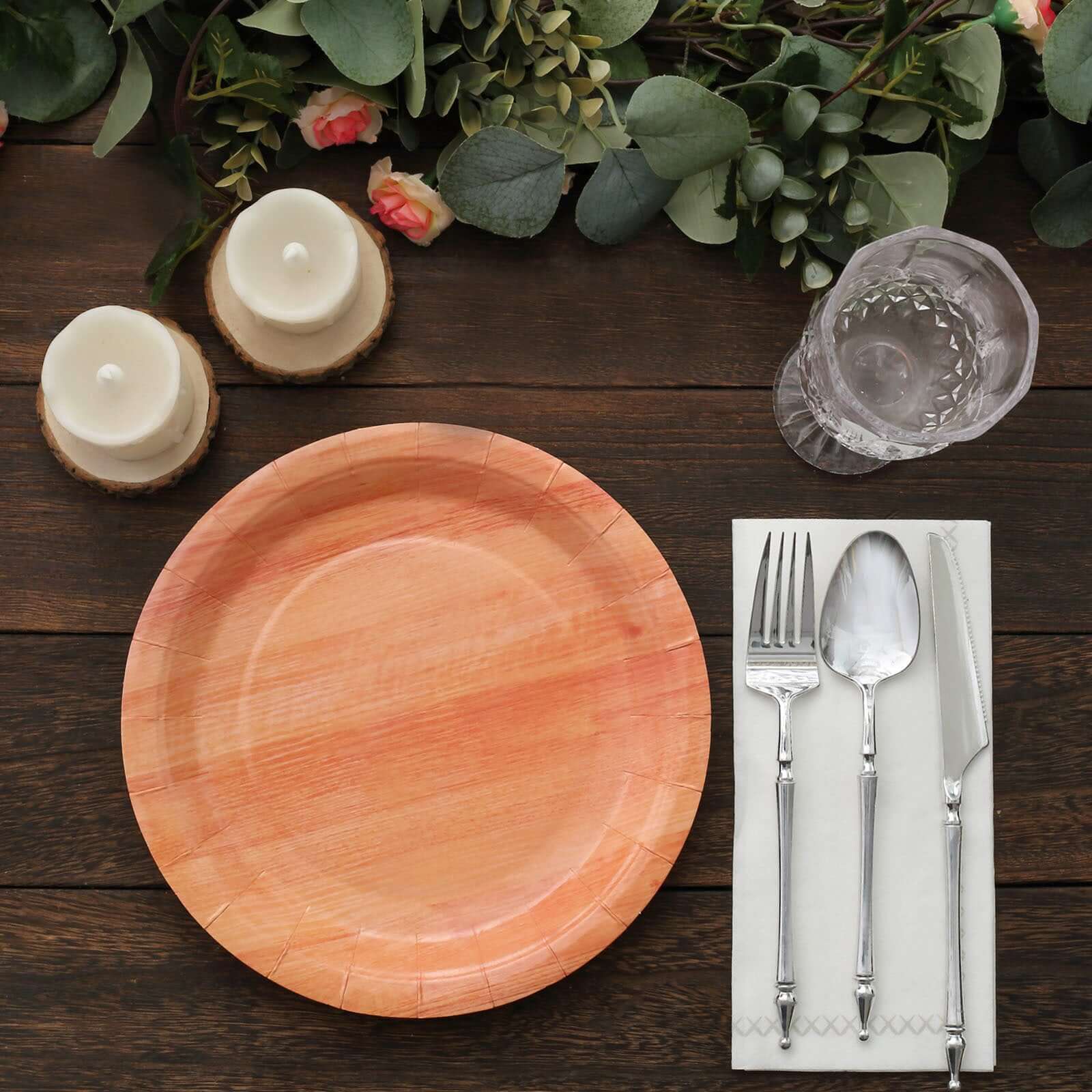 25-Pack Paper 10 Round Dinner Plates Natural Wood Grain Print - Rustic & Nature-Inspired Disposable Party Plates