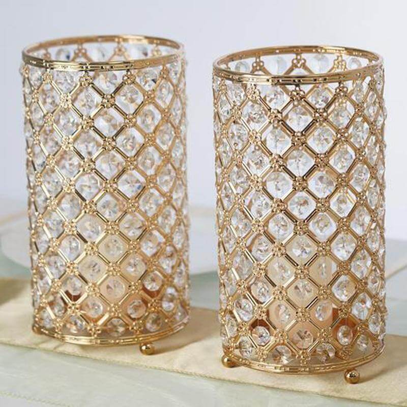 2-Pack Metal Crystal Beaded Pillar Holders Gold - Versatile Stem Vase Set for Decor 9