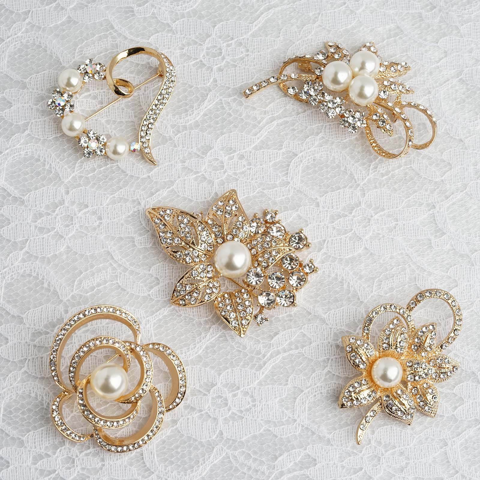 5 Pack Assorted Gold Plated Pearl and Rhinestone Brooches Floral Sash Pin Brooch Bouquet Decor