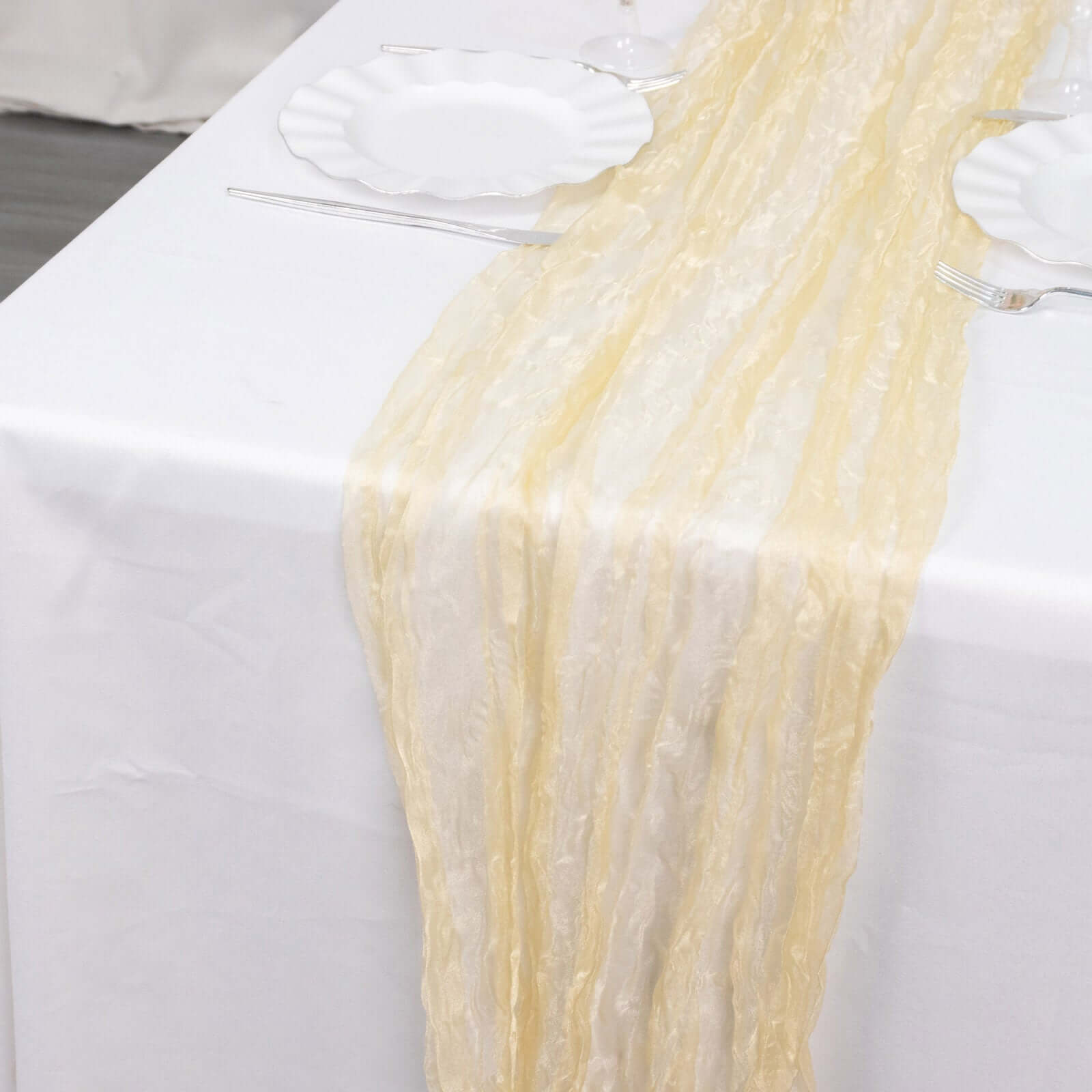 Sheer Crinkled Organza 9ft Table Runner Champagne - Rustic Chiffon Look