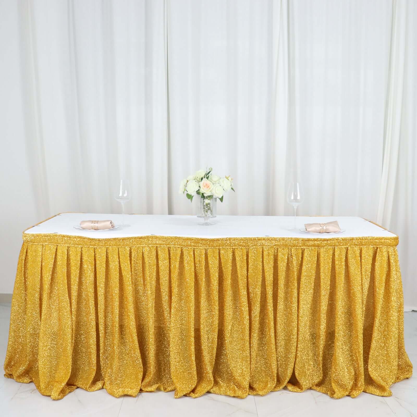 Spandex 17ft Table Skirt Gold Pleated Metallic Shimmer Tinsel with Top Velcro Strip Event Decoration