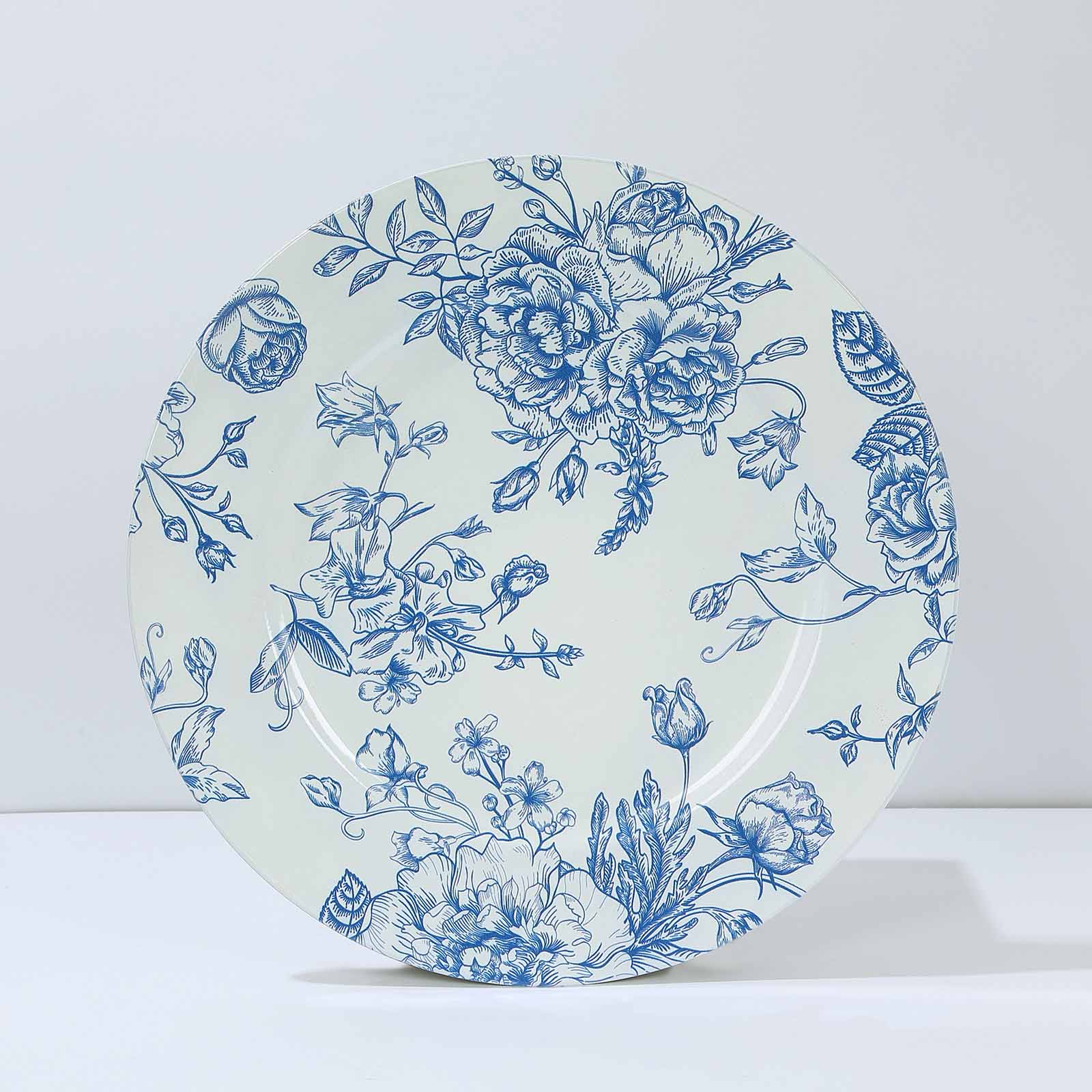 6-Pack Acrylic Round Charger Plates 13 in White with Light Blue Floral French Toile Pattern, Decorative Dinner Party Charger Tableware