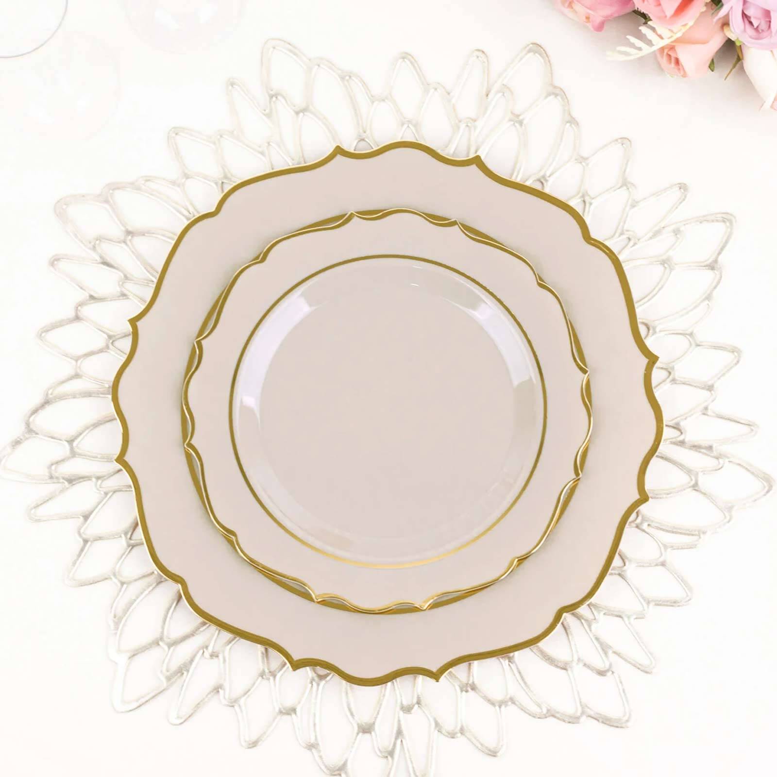 10-Pack Plastic 8 Round Desert Plates in Taupe with Gold Scalloped Rim - Disposable Appetizer/Salad Plates