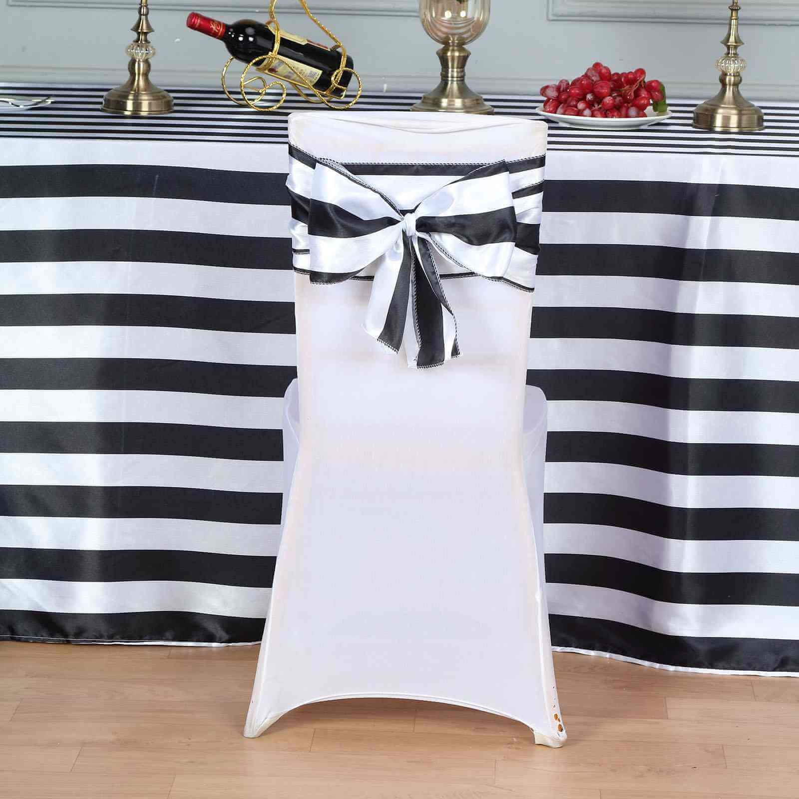 5 Pack Satin 6x108 Chair Sashes Black/White Stripes - Sophisticated Decor for Weddings & Gatherings