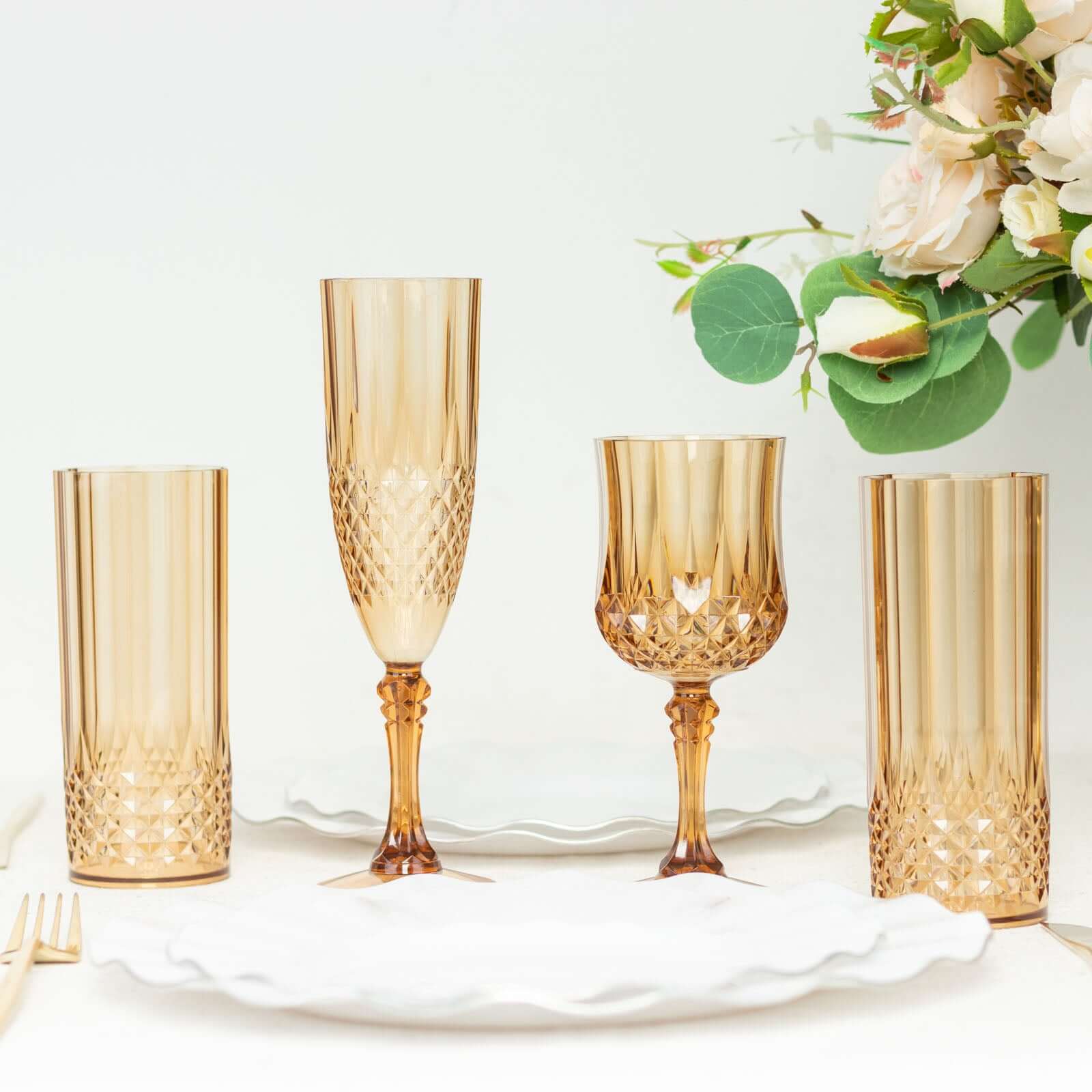 6-Pack Plastic Wedding Toast Flutes Amber Gold Transparent Crystal Cut Style - Reusable Champagne Glasses 8oz