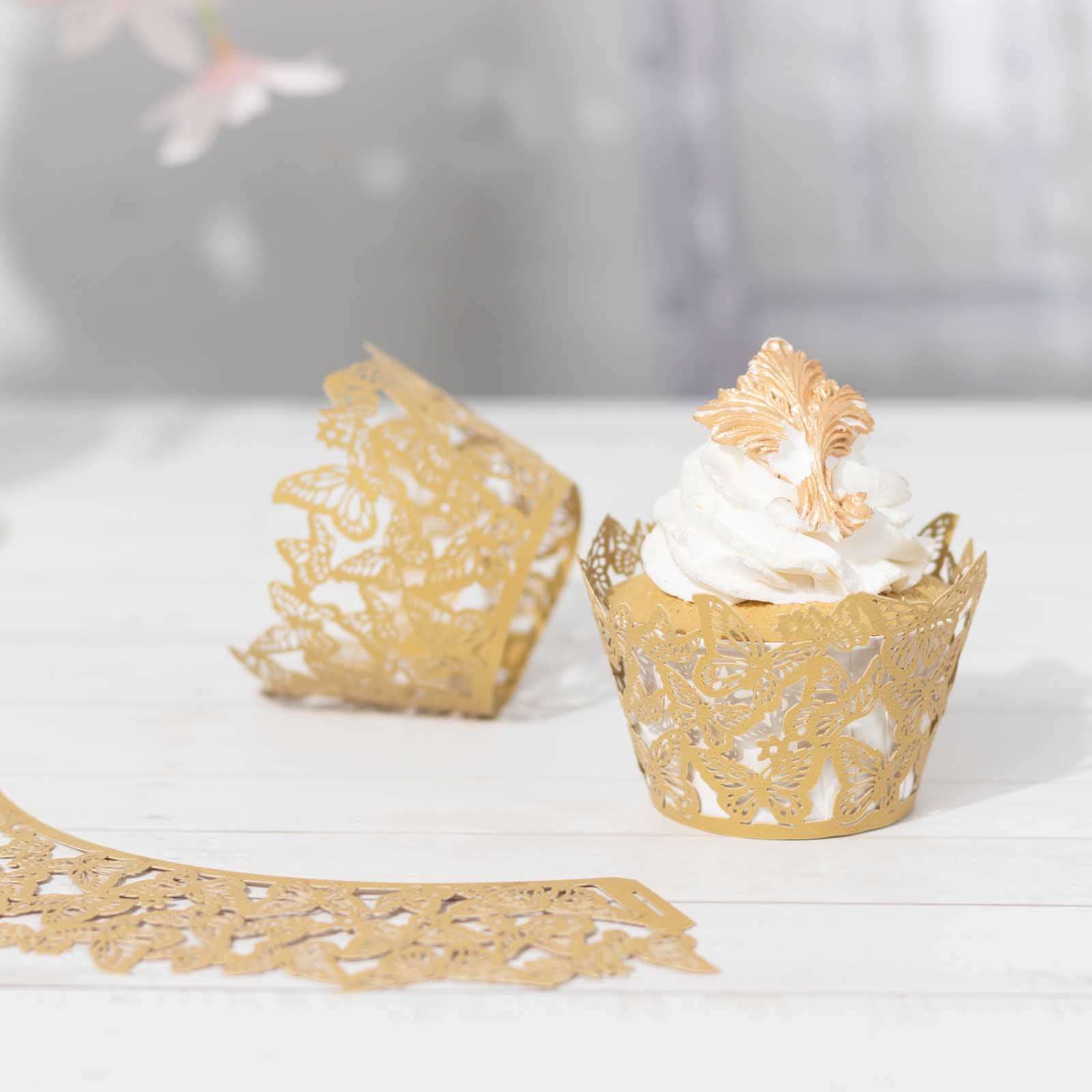 25-Pack Paper Cupcake Liners Butterfly Lace Pattern Design Gold - Round Muffin Wrapper Cups 3