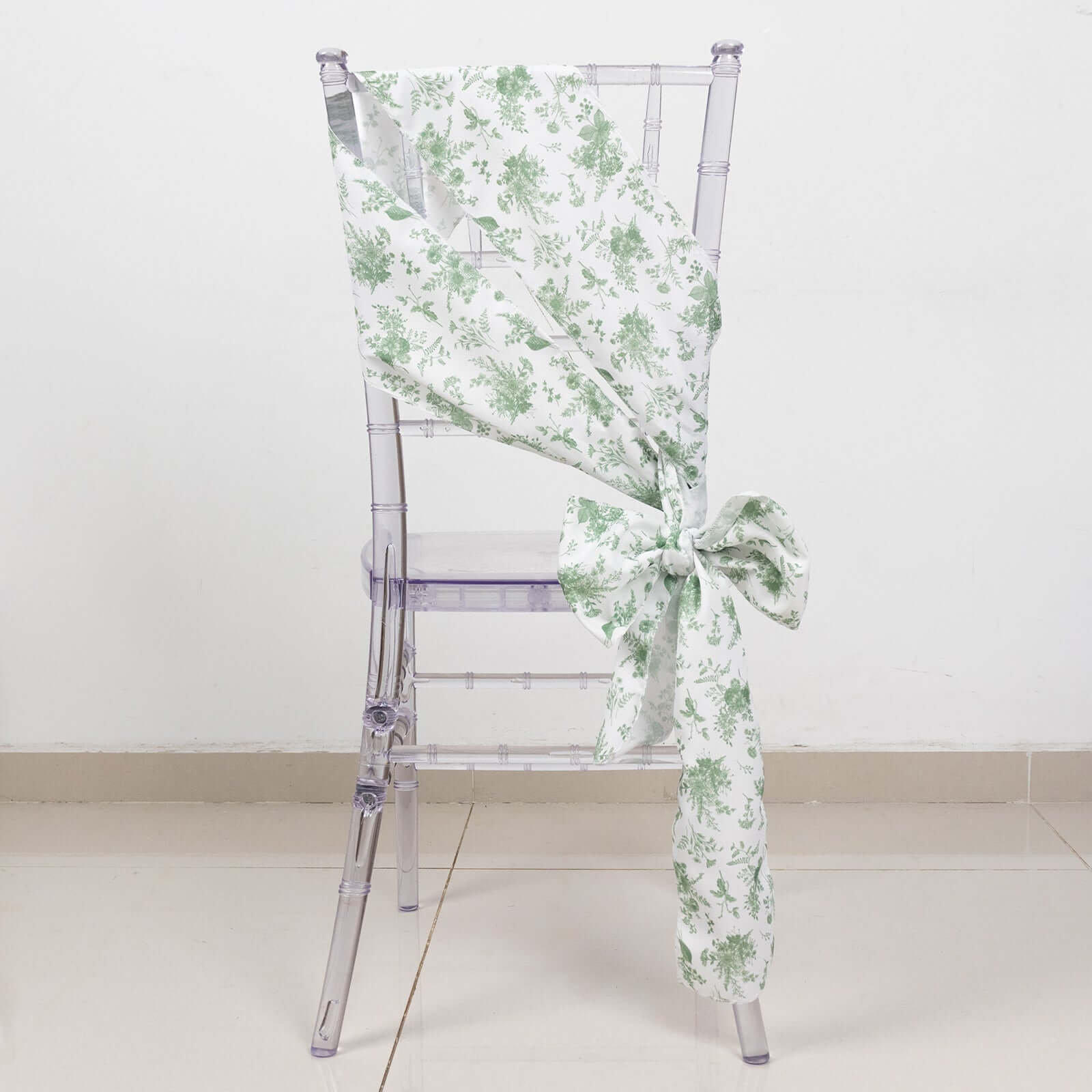 5 Pack Polyester Chair Sashes Dusty Sage Green French Toile Floral Design - Stylish Durable and Reusable Chair Bows 6x108