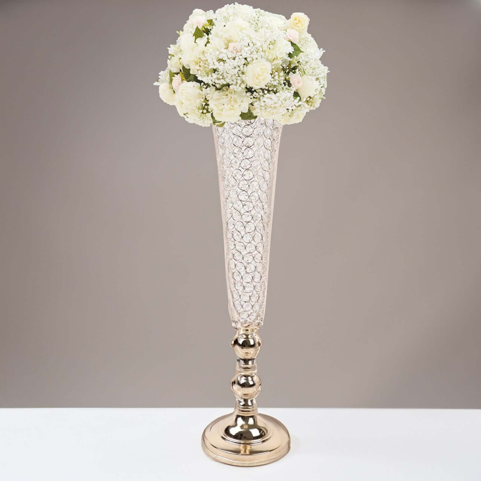 2-Pack Crystal Beaded Trumpet Vase Set Gold - Table Centerpiece for Grand Occasions 40