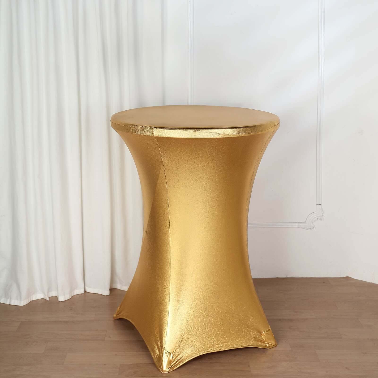 Metallic Spandex 32 Fitted Round Cocktail Table Cover Gold Highboy Tablecloth - Stretch Fit & Water-Resistant for Stylish Decor