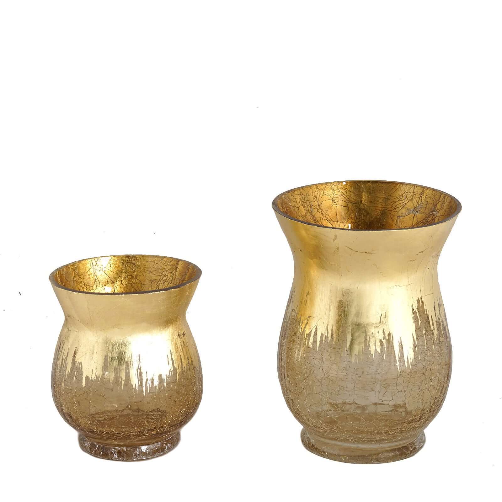 2-Pack Glass Hurricane Vases Bell Shaped Crackle Gold Curvy Design - Stylish Candle Holder Centerpieces 8