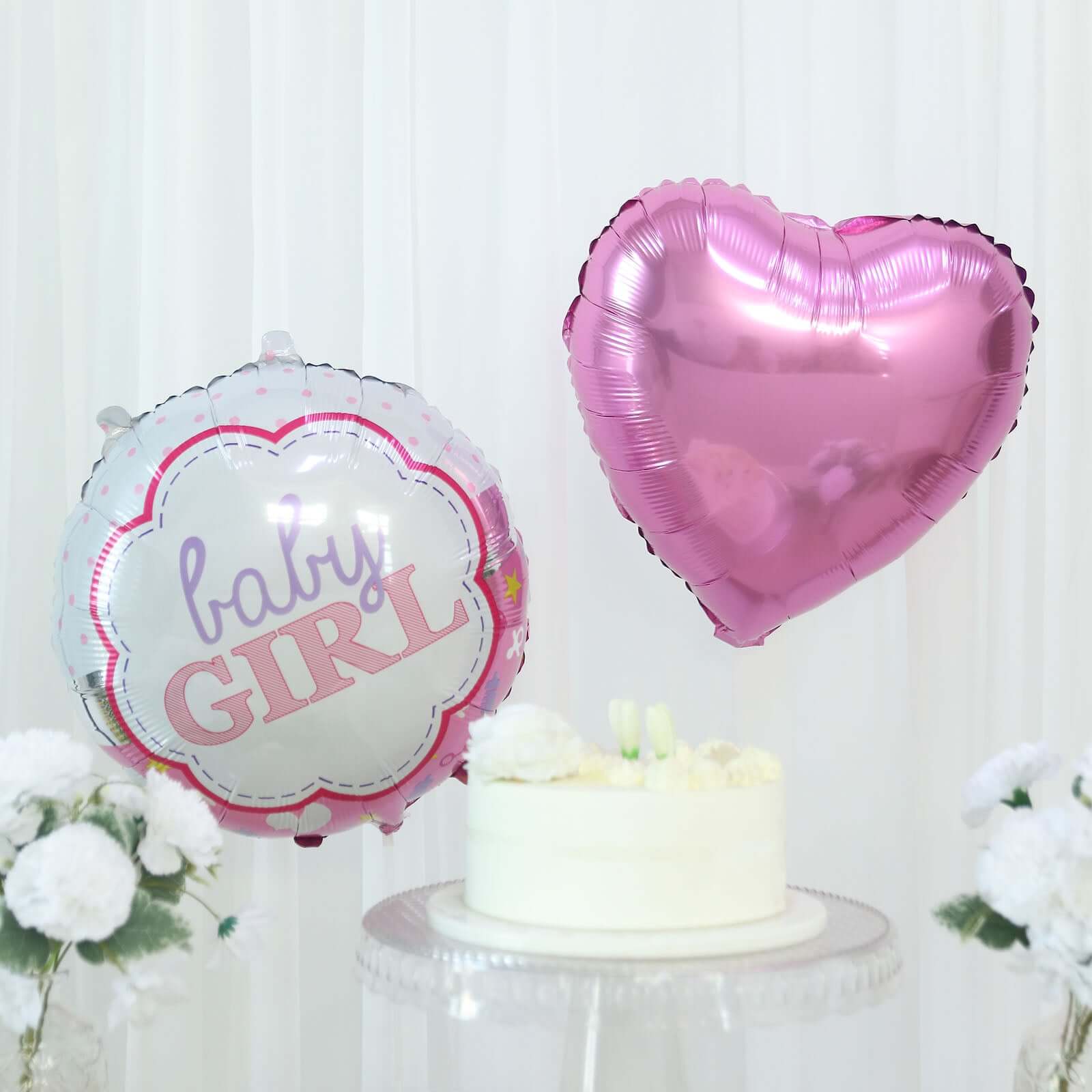 Set of 5 Pink White Girl Baby Shower Mylar Foil Balloon Set, Heart, Round and Baby Carriage Balloon Bouquet With Ribbon, Gender Reveal Party Decorations