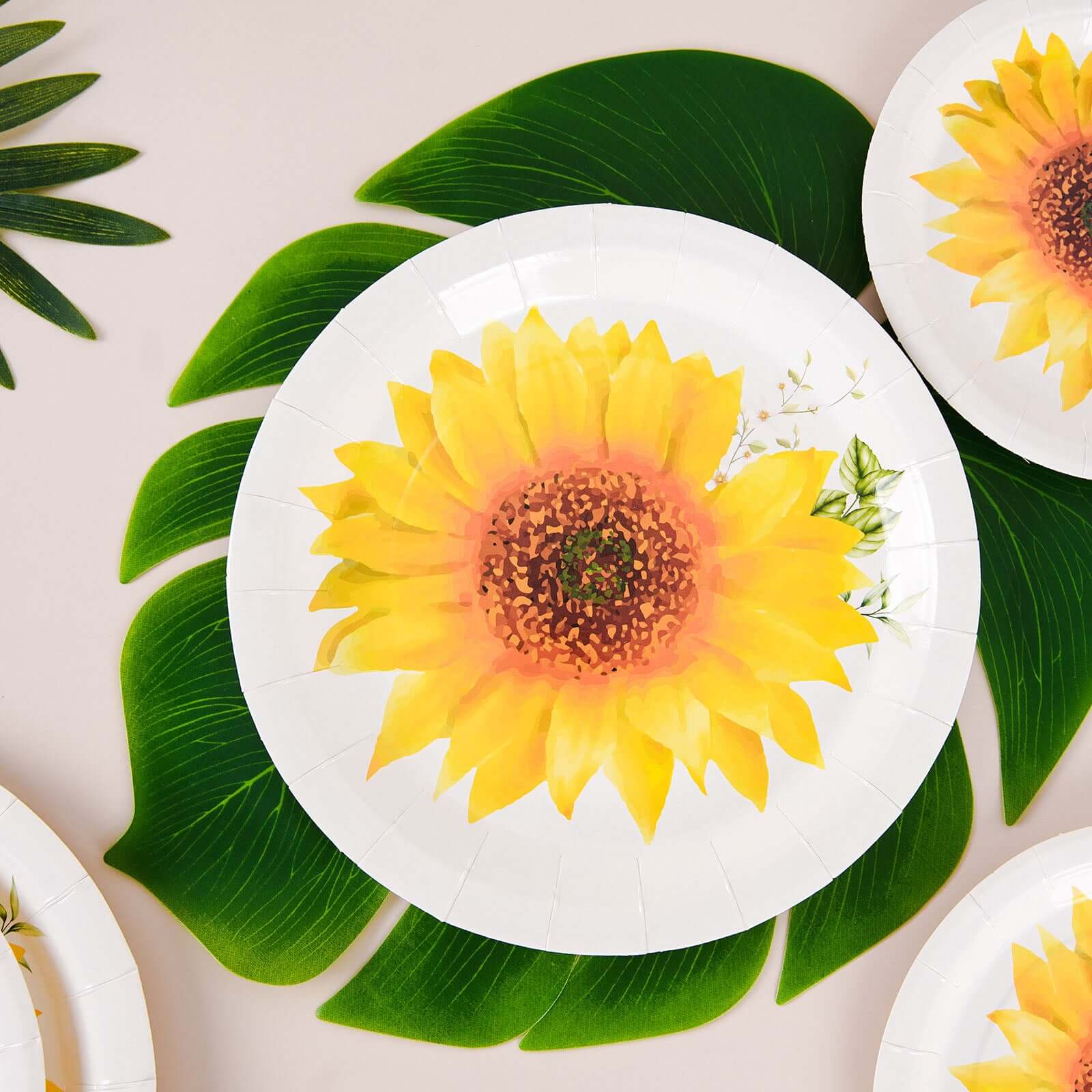 25-Pack Paper 9 Round Dinner Plates in White with Sunflower Design - Disposable Party Plates for Rustic Events & Garden Themes