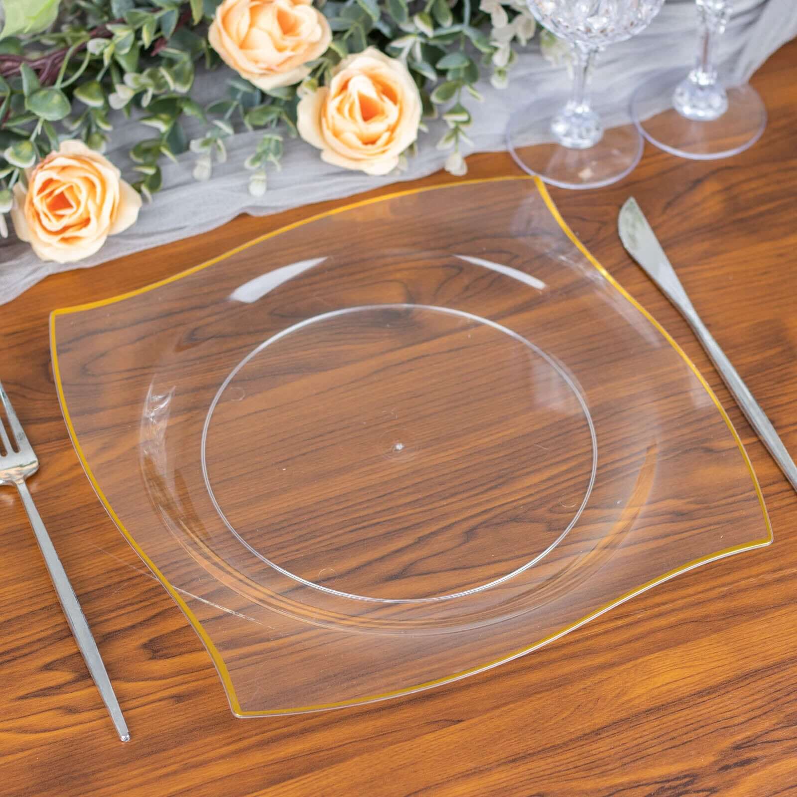 10-Pack Plastic 8 Square Dessert Plates in Clear with Gold Wavy Rim Modern - Disposable Salad Appetizer Party Plates