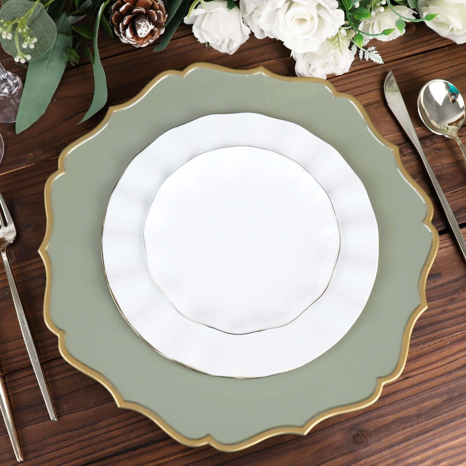 6-Pack Acrylic Round Charger Plates 13 in Dusty Sage Green with Gold Scalloped Rim, Decorative Dinner Party Plastic Charger Tableware