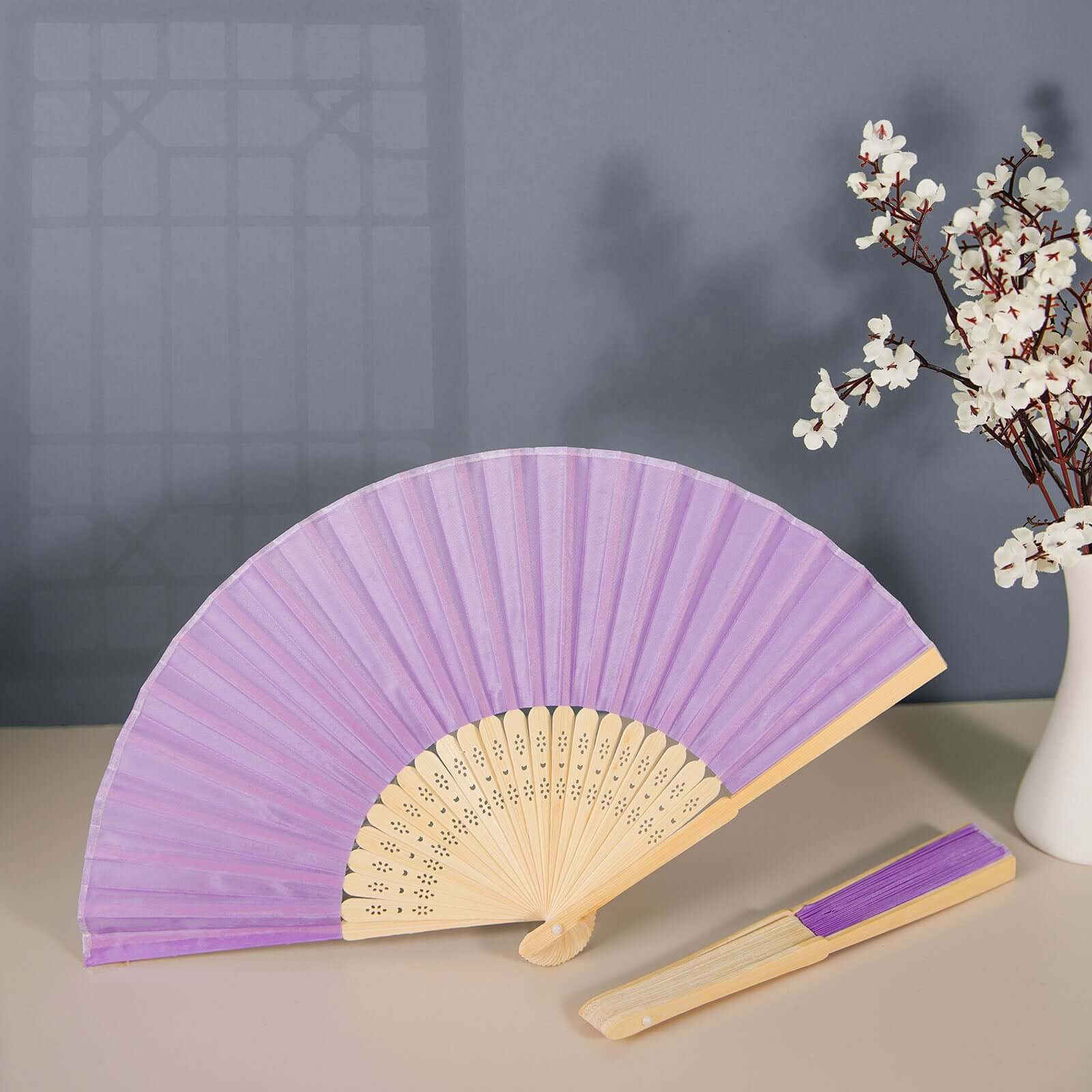 5 Pack Lavender Lilac Asian Silk Folding Fans Party Favors, Oriental Folding Fan Favors