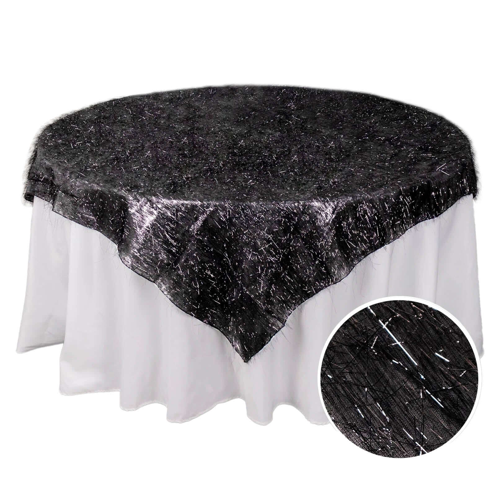 Polyester 72x72 Table Overlay Square Tablecloth Black - Metallic Fringe Shag Tinsel Table Cover