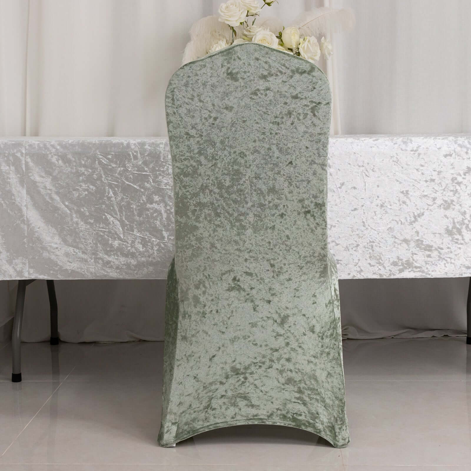 Crushed Velvet Spandex Banquet Chair Cover Fitted Slipcover Sage Green - Stretch 190GSM Slipcover with Foot Pockets