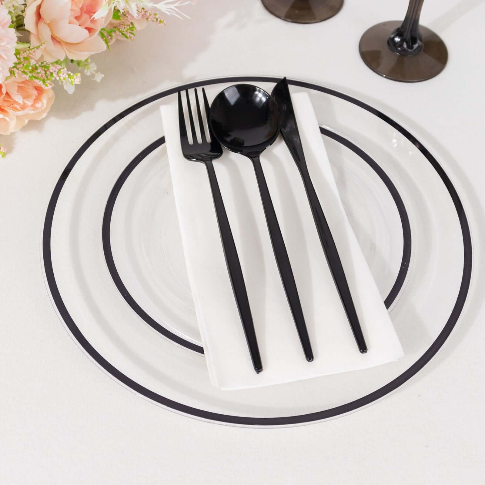 10-Pack Plastic 7 Round Appetizer Plates in Clear with Black Rim - Sleek Disposable Salad Plates for Banquets & Special Occasions