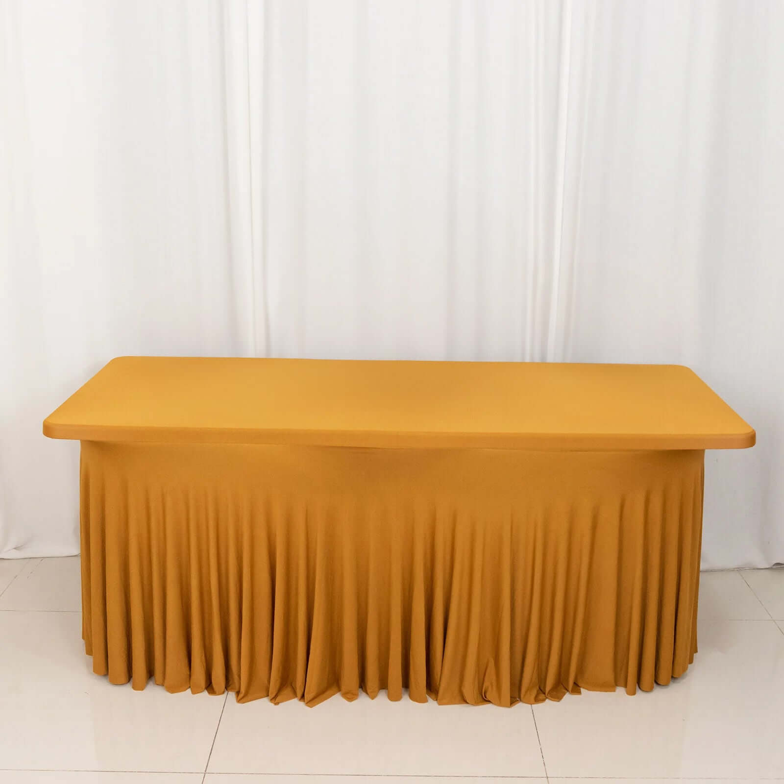 Spandex Rectangle 72x30 Table Skirt Gold with Wavy Skirt-Like Effect Stylish Table Cover for Weddings, Banquets & Trade Shows