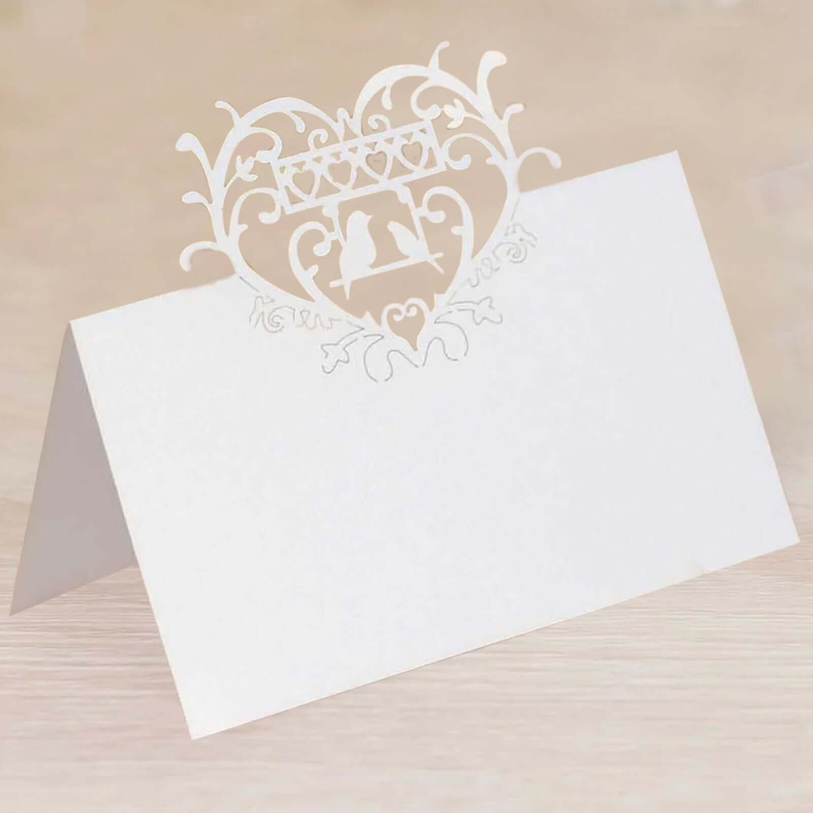 50-Pack Wedding Place Cards with Laser Cut Hollow Heart Design White - Printable Reservation Seating Tent Cards 210 GSM