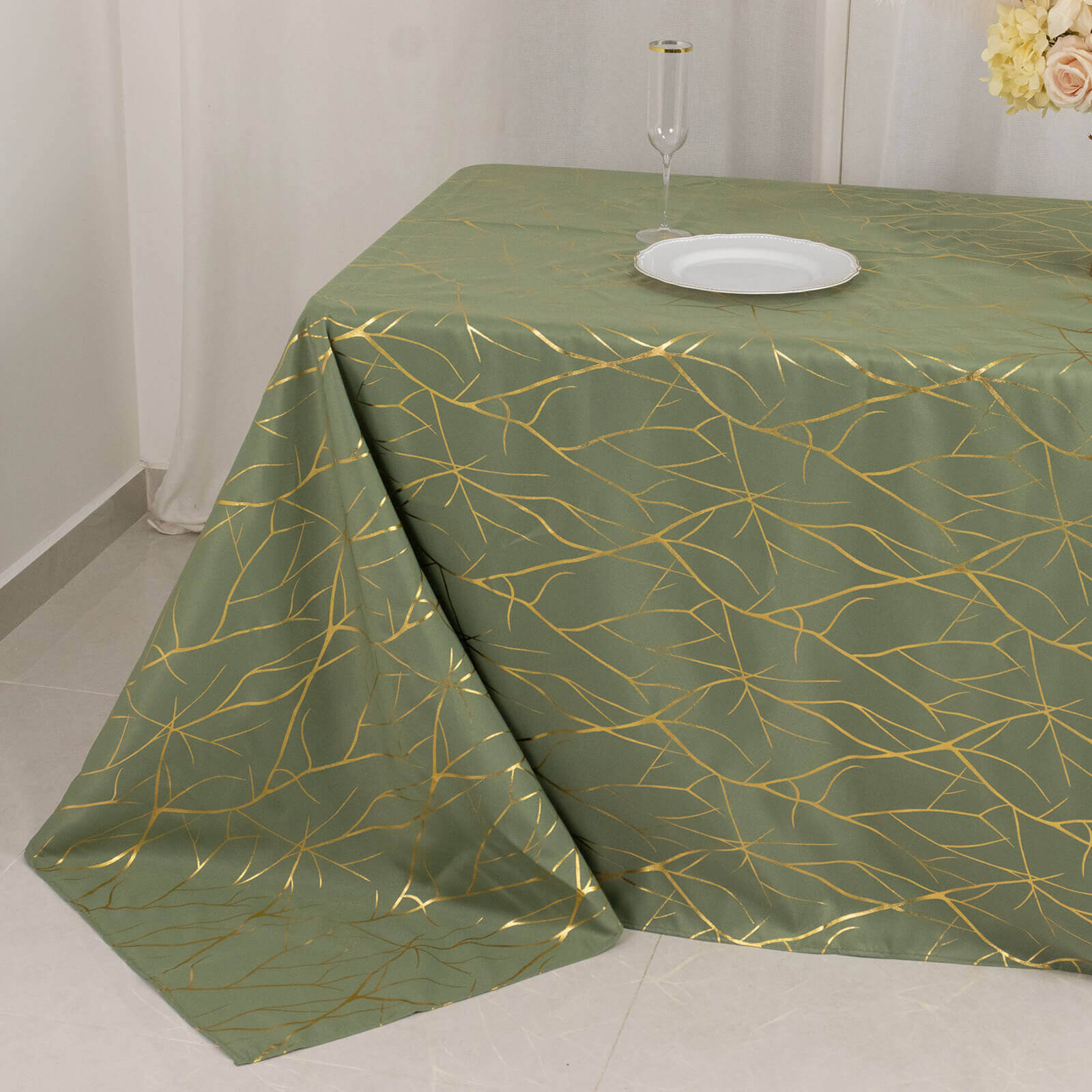 Polyester 90x132 Rectangle Tablecloth Dusty Sage Green with Gold Foil Tree Branch Pattern - Wrinkle-Resistant Seamless Table Cover