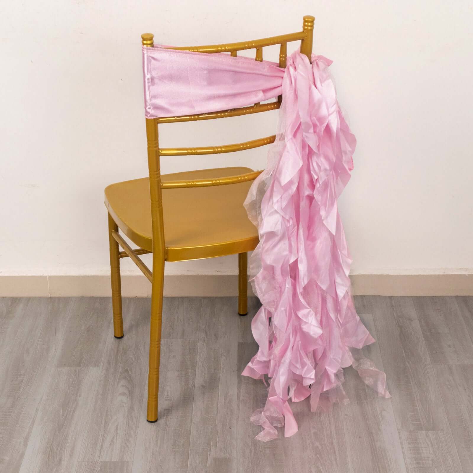 5 Pack Chiffon Satin Chair Sashes Pink - Easy to Install Ruffled Curly Willow