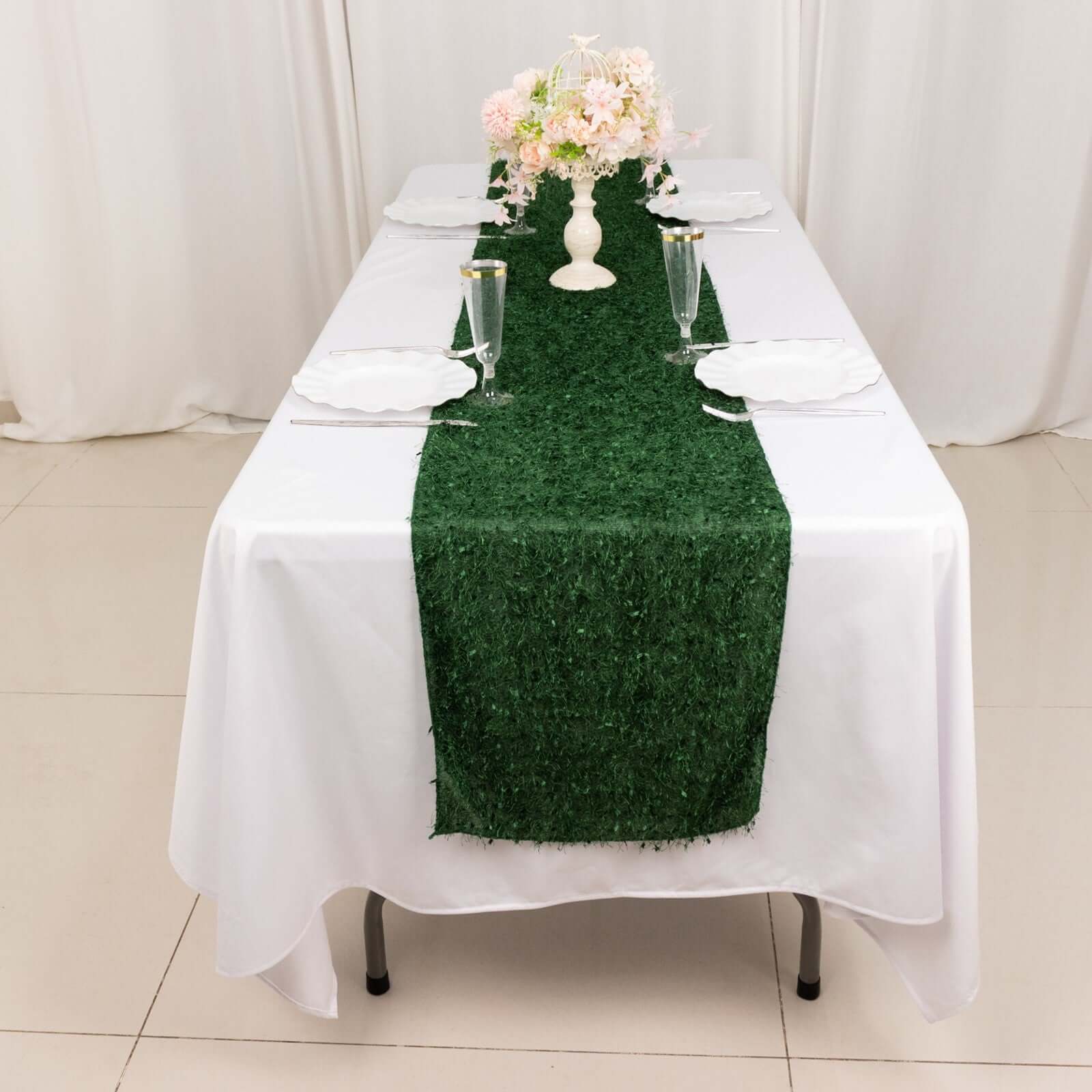 Polyester 12x108 Table Runner Green - Fringe Shag Table Decor