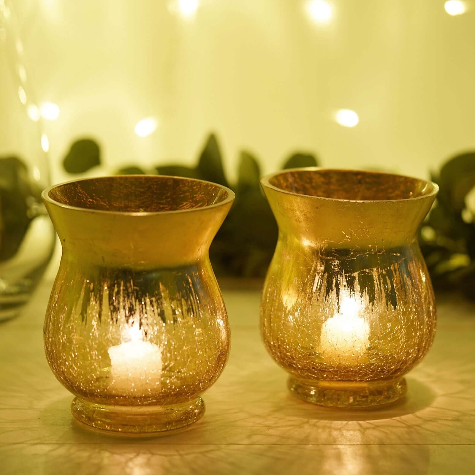 2-Pack Glass Hurricane Vases Bell Shaped Crackle Gold Curvy Design - Decorative Candle Holder Centerpieces 6