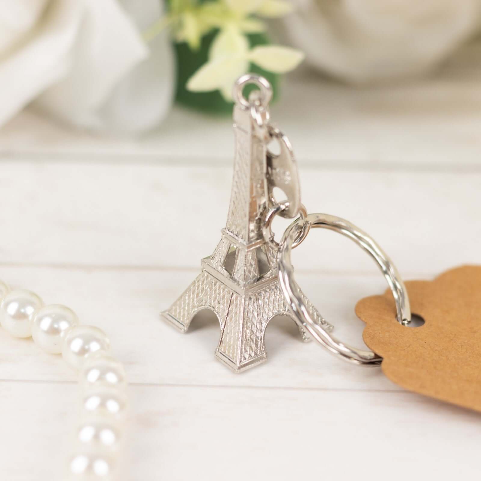 10 Pack Silver Plastic Paris Eiffel Tower Keychain Wedding Favors, 4 Bridal Shower Party Souvenirs With Thank You Tag