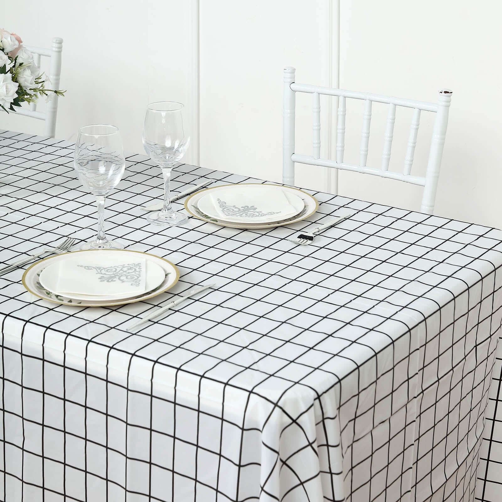 5-Pack Plastic Table Covers Black/White Grid Rectangle - Durable Checkered PVC Disposable Tablecloths 54x108